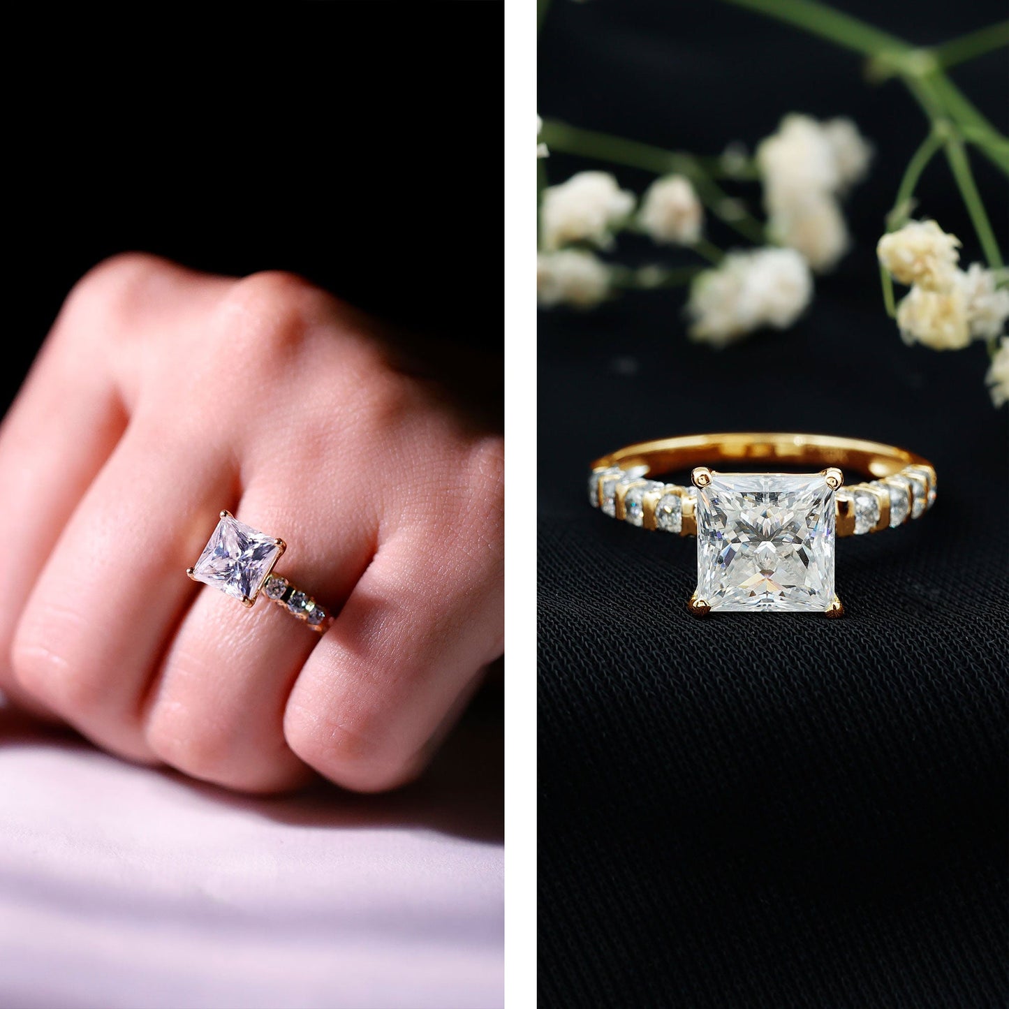 Certified 8 MM Moissanite Princess Cut Engagement Ring with Side Stones