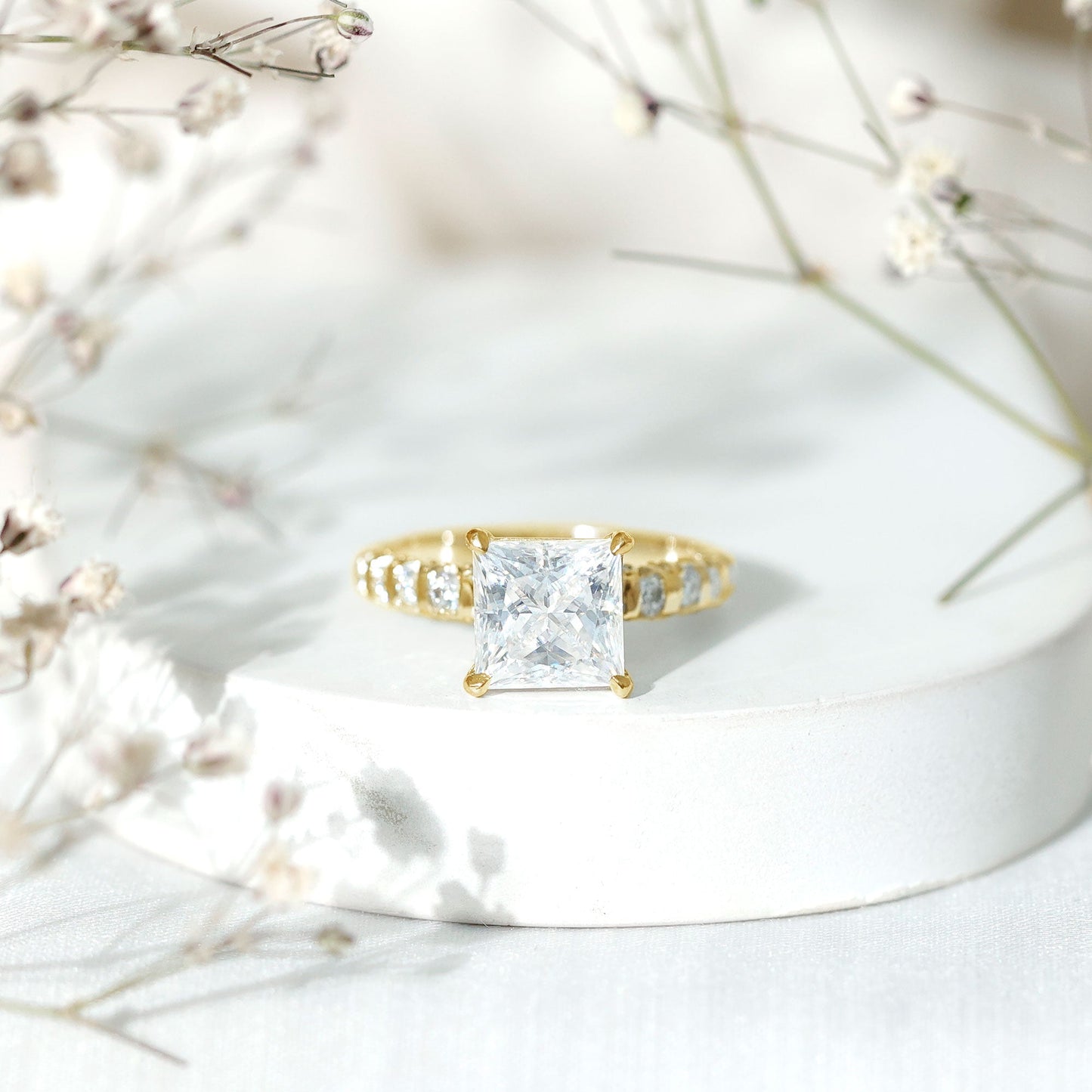 Certified 8 MM Moissanite Princess Cut Engagement Ring with Side Stones