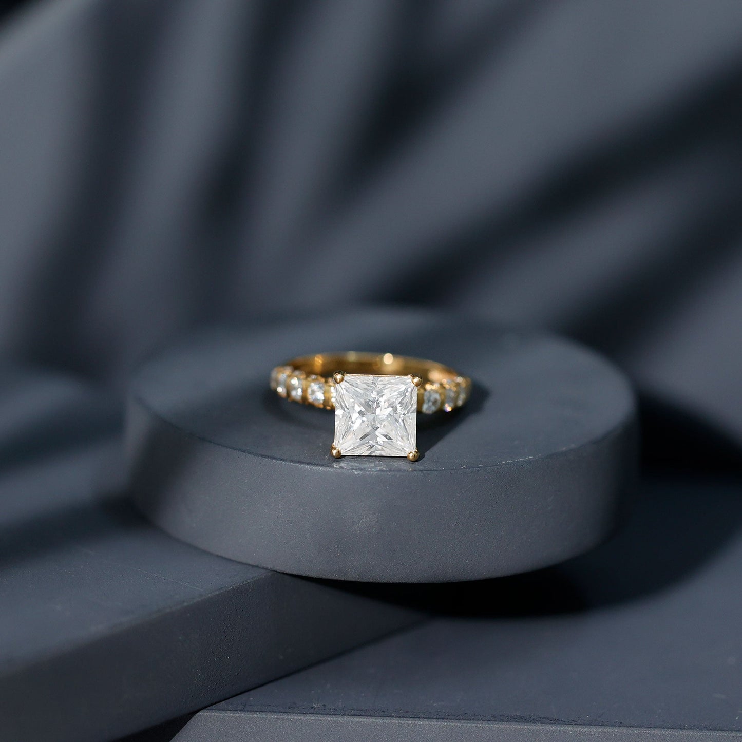 Certified 8 MM Moissanite Princess Cut Engagement Ring with Side Stones