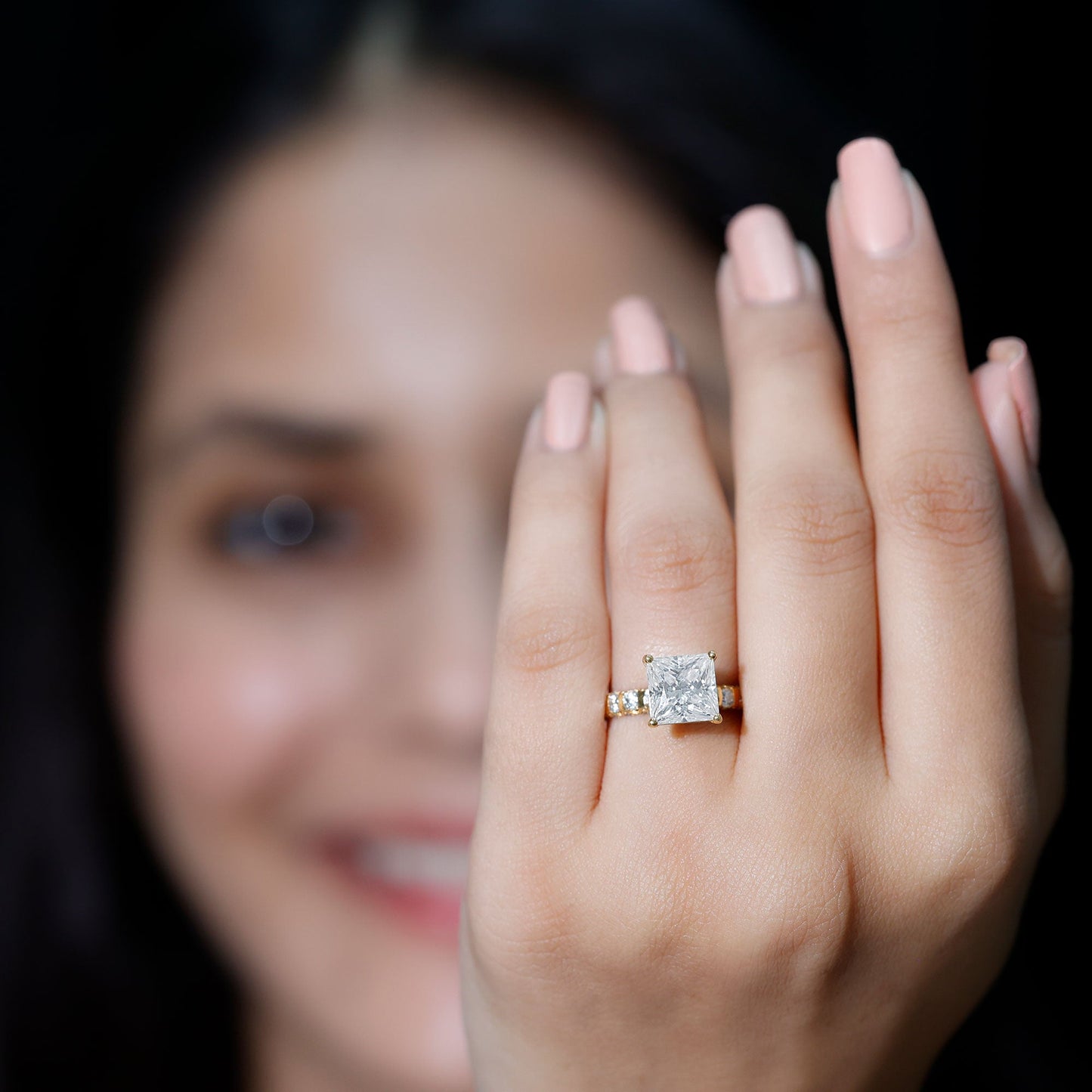 Certified 8 MM Moissanite Princess Cut Engagement Ring with Side Stones