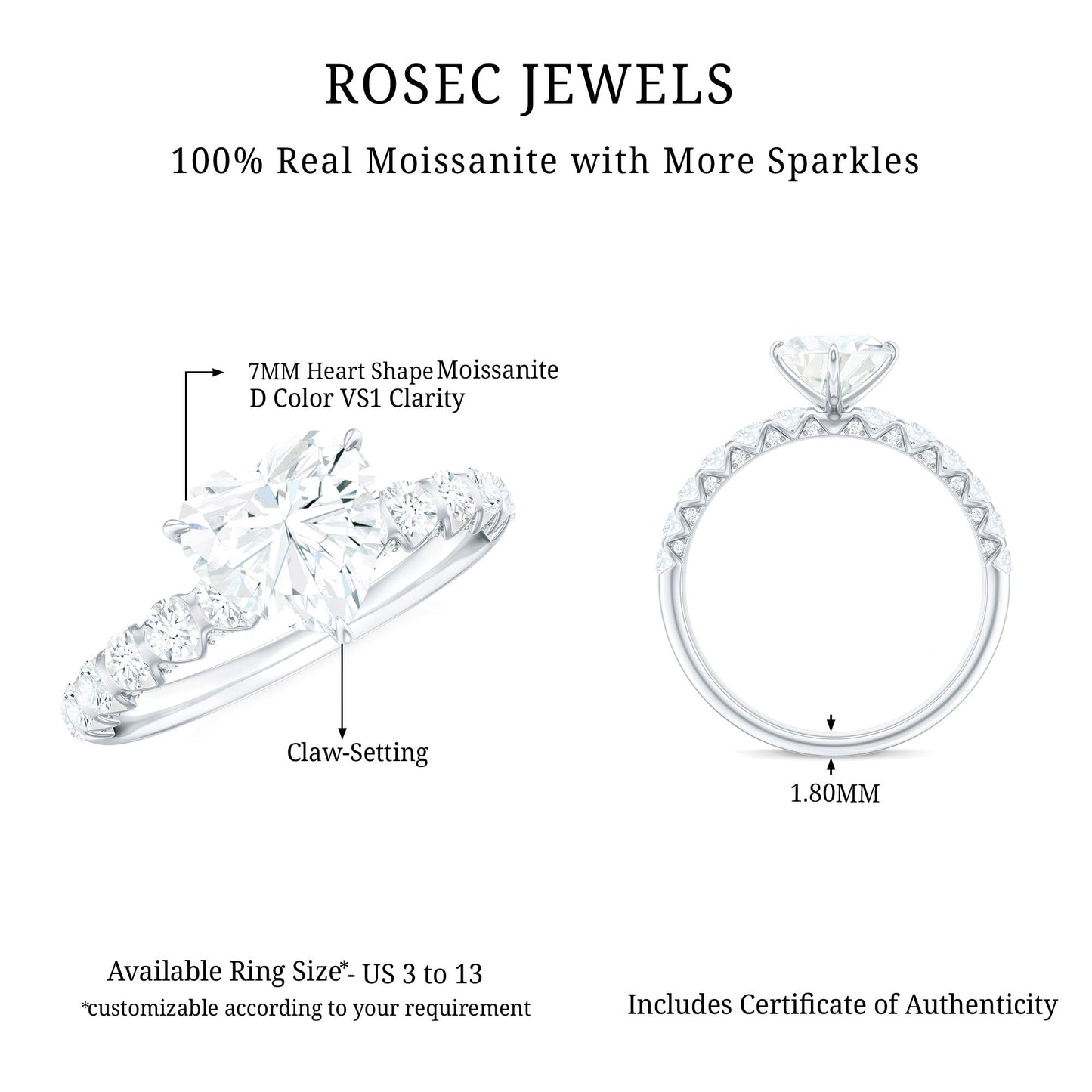Heart Shape Moissanite Solitaire Engagement Ring With Side Stones