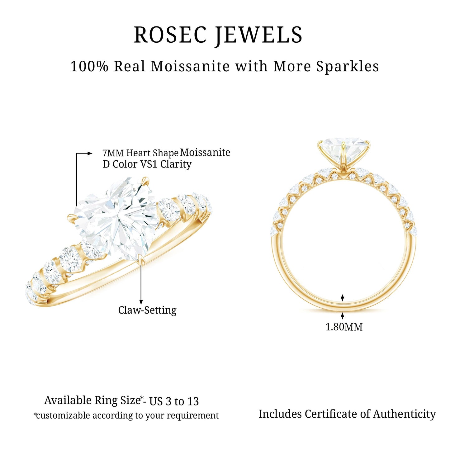 Heart Shape Moissanite Solitaire Engagement Ring With Side Stones