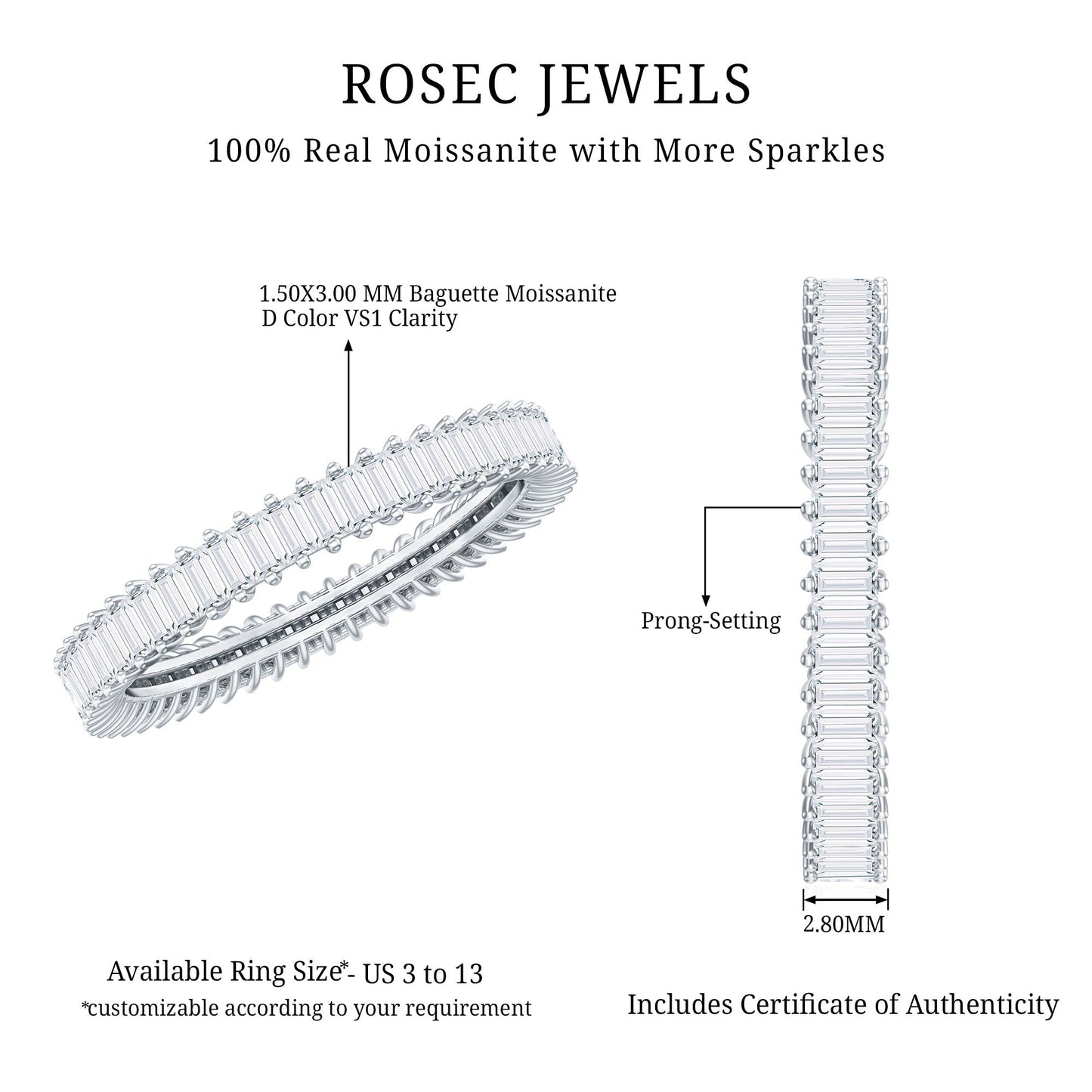 Baguette Cut Certified Moissanite Eternity Stackable Ring