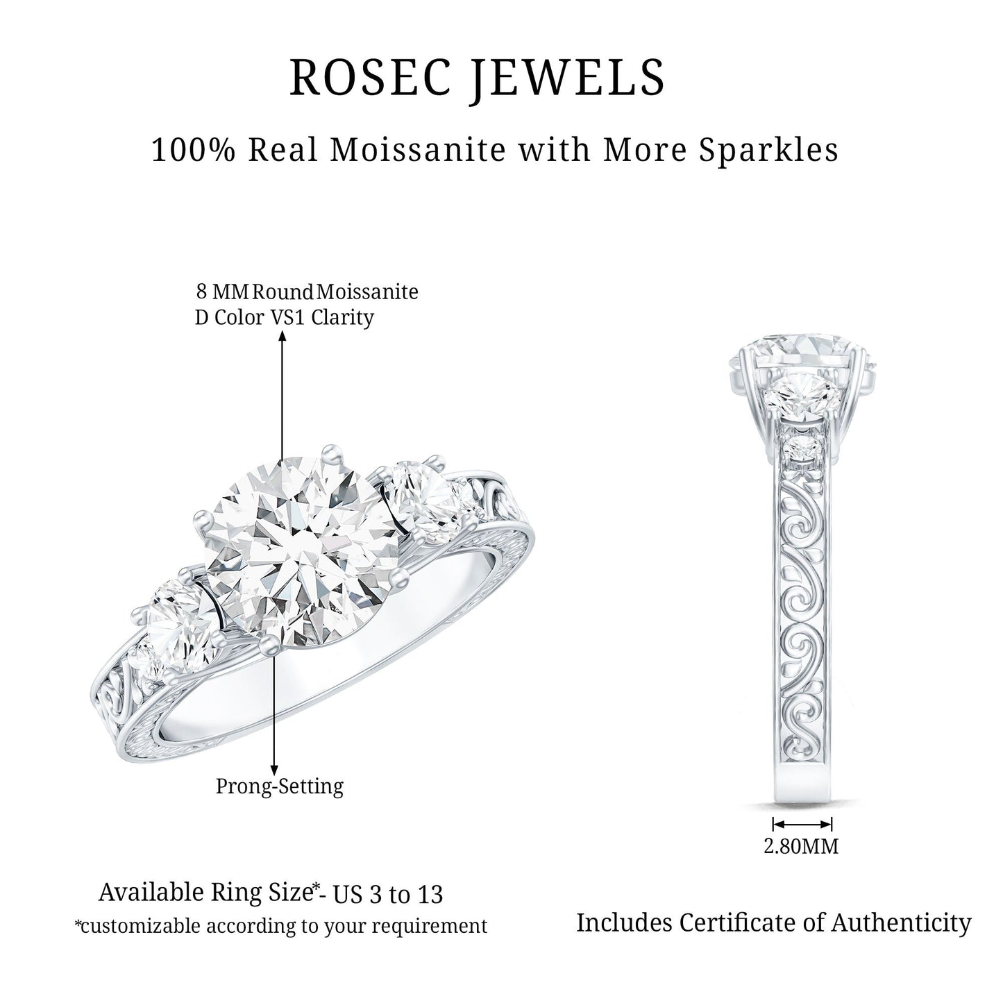 Art Deco Style Certified Moissanite Three Stone Engagement Ring