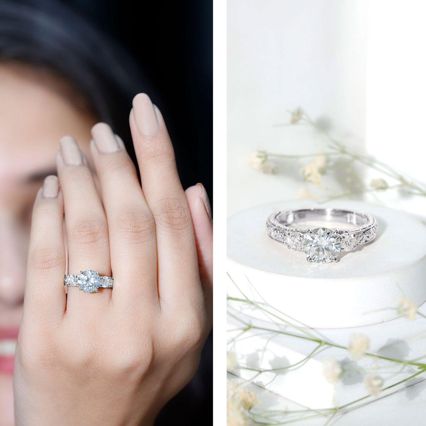 Art Deco Style Certified Moissanite Three Stone Engagement Ring