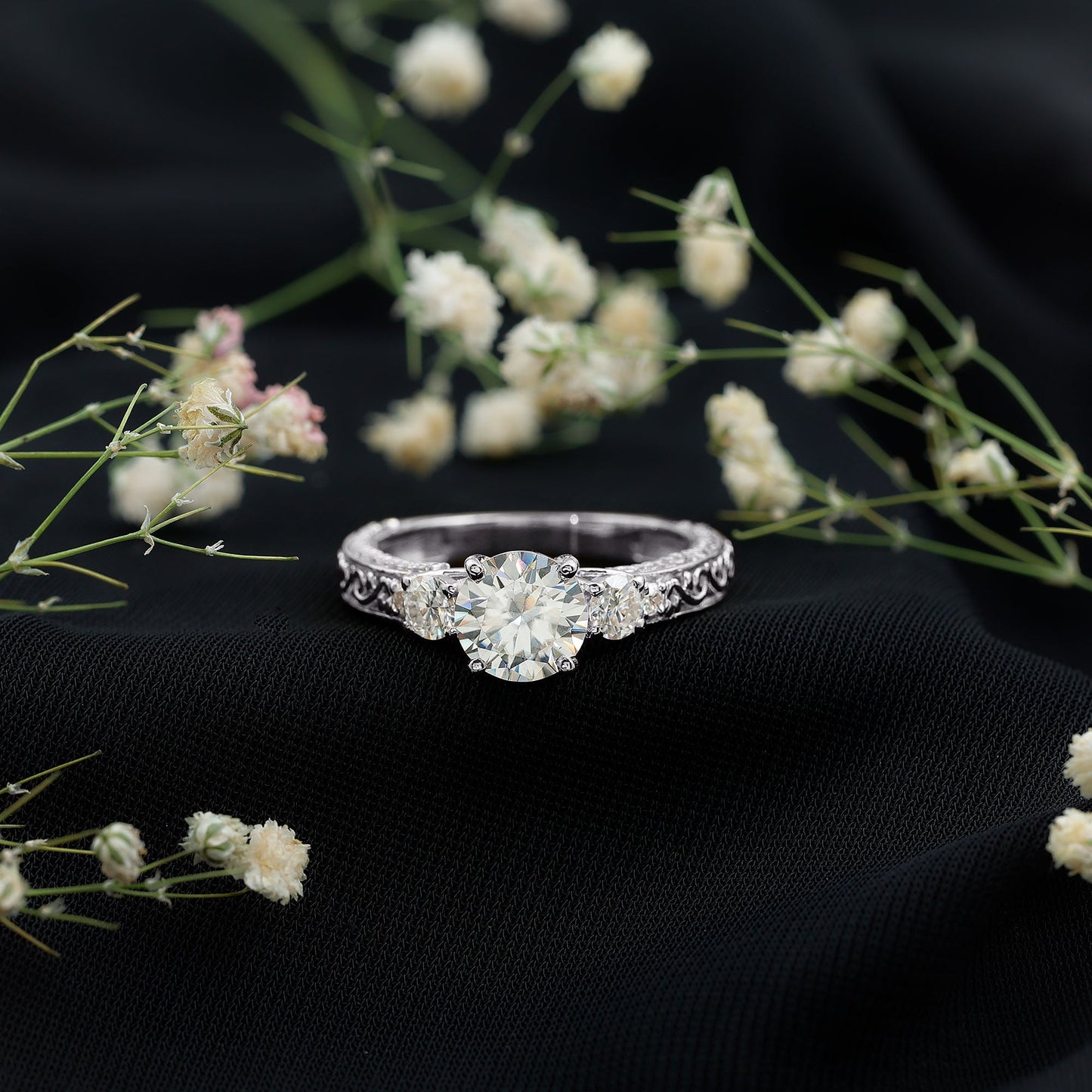 Art Deco Style Certified Moissanite Three Stone Engagement Ring