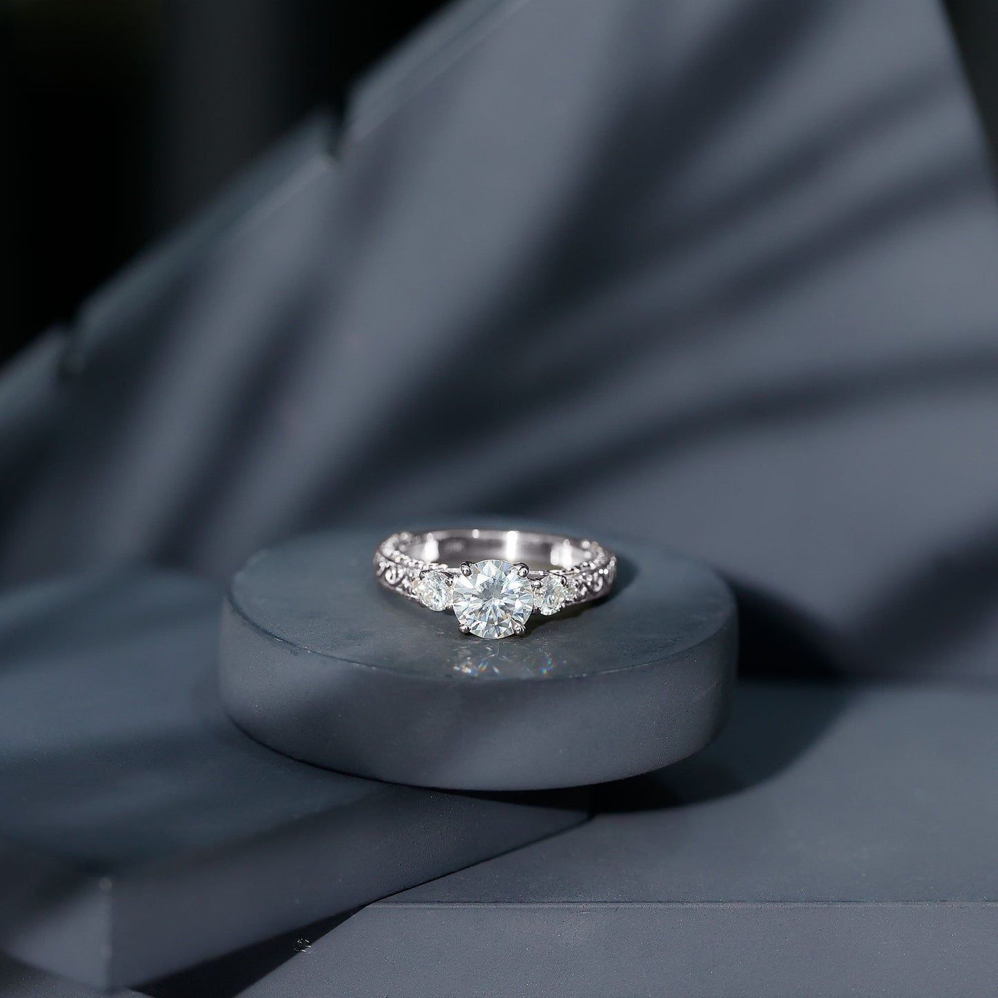 Art Deco Style Certified Moissanite Three Stone Engagement Ring