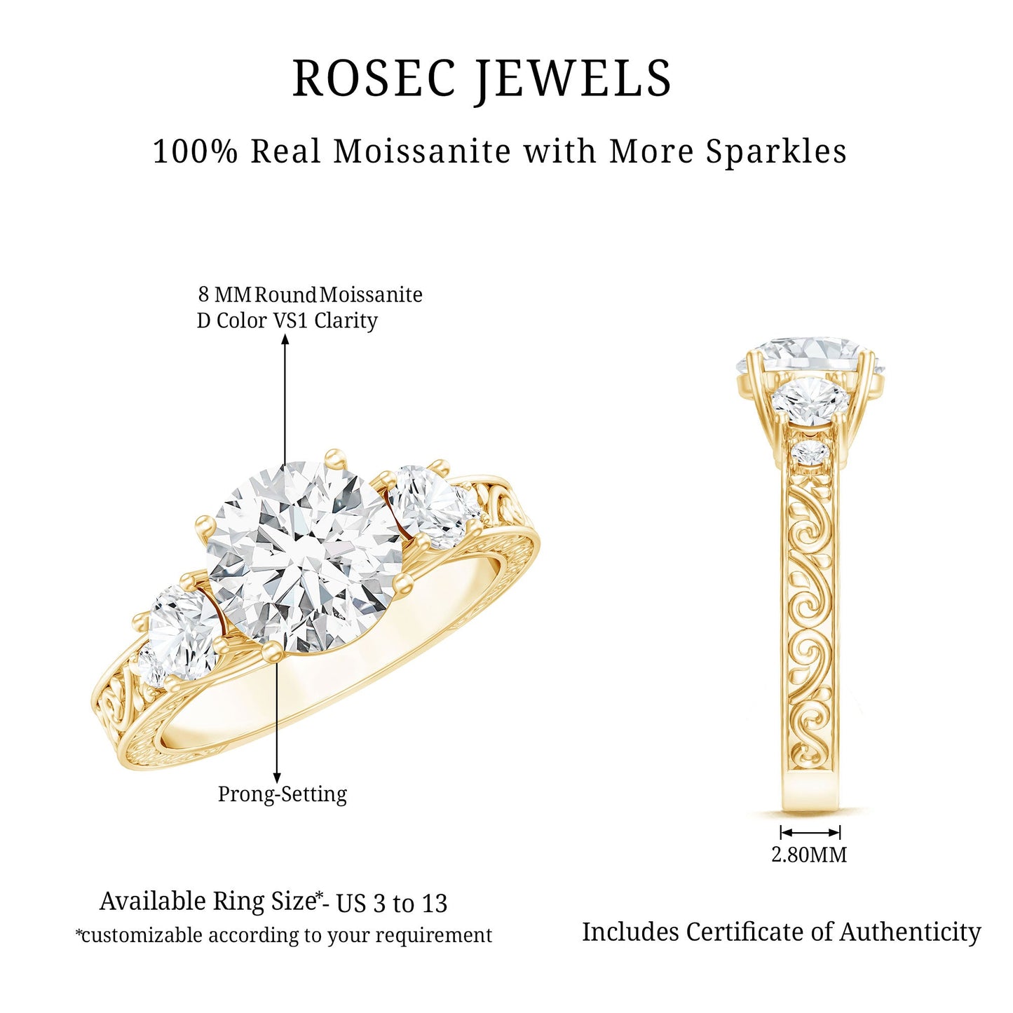 Art Deco Style Certified Moissanite Three Stone Engagement Ring