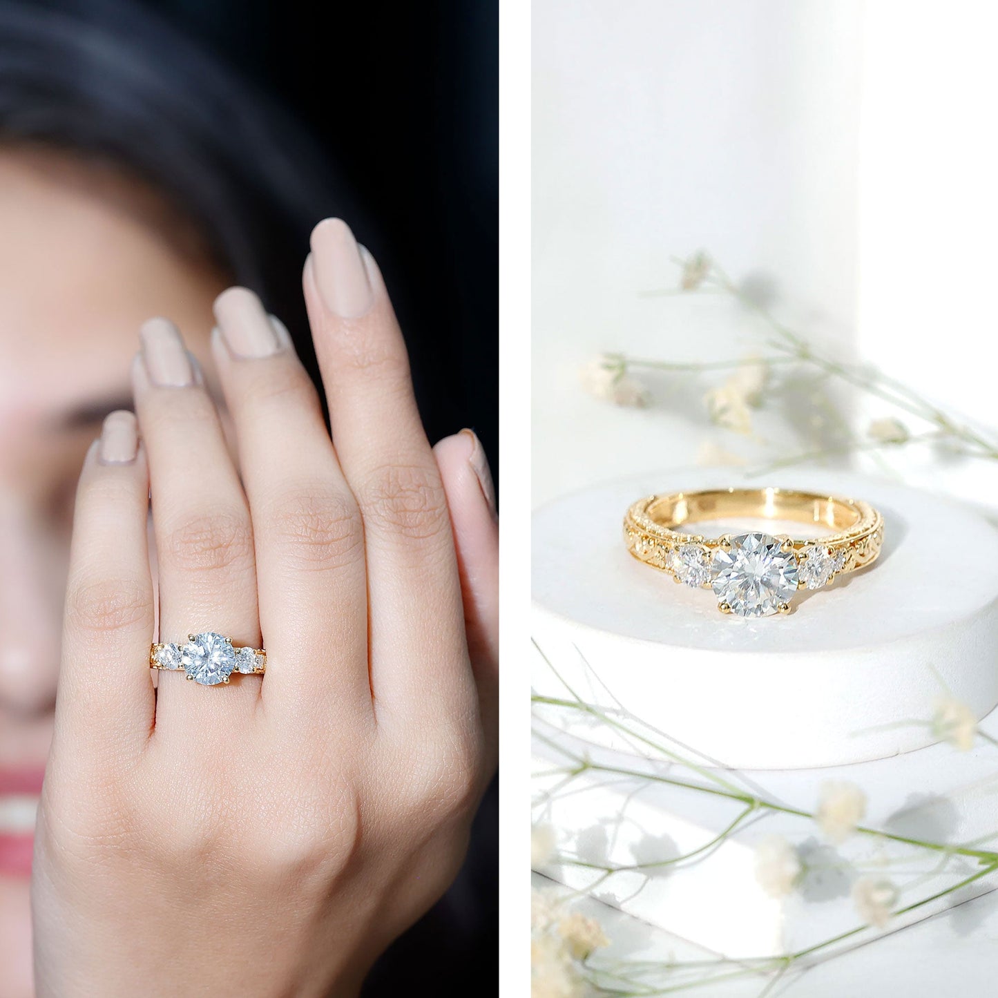 Art Deco Style Certified Moissanite Three Stone Engagement Ring