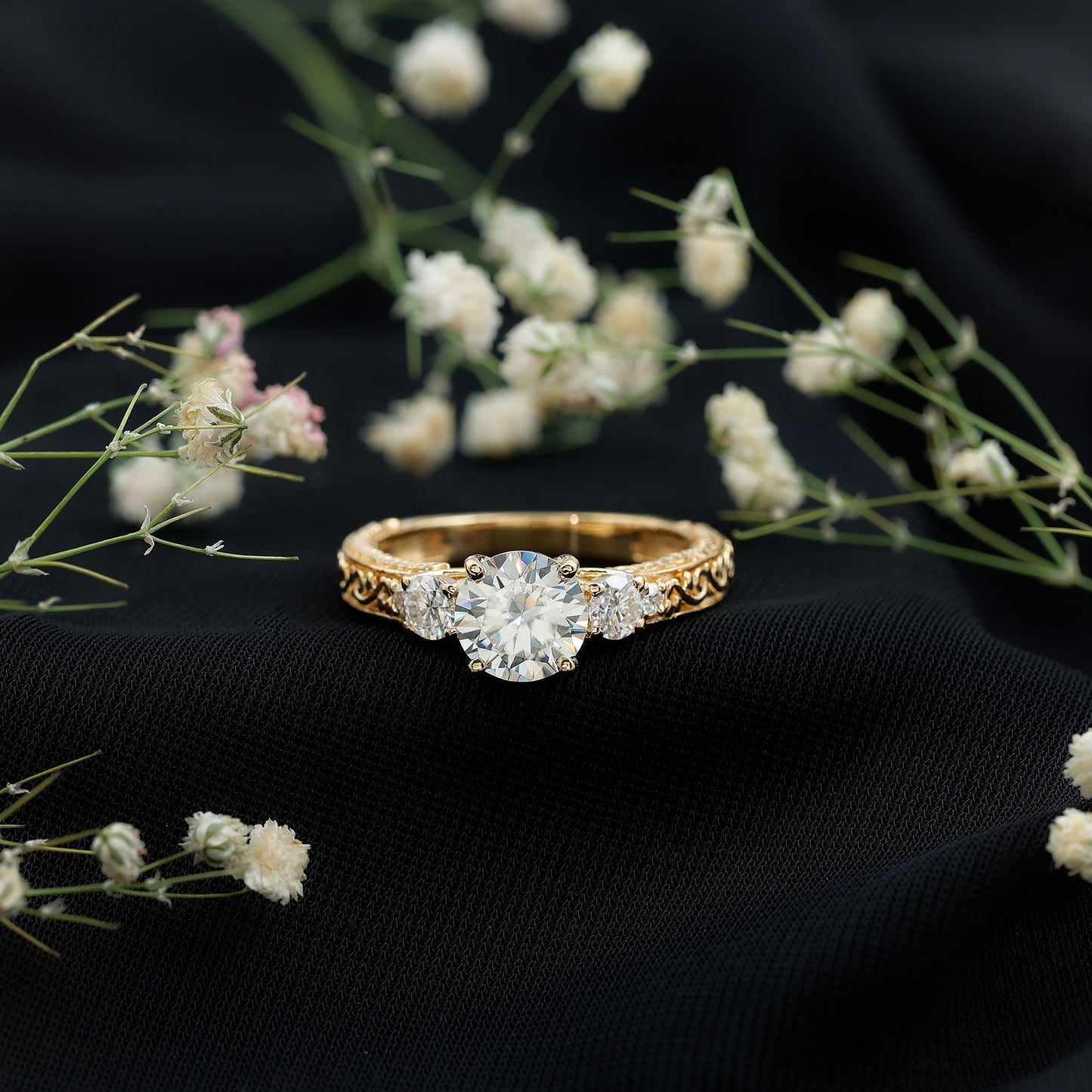 Art Deco Style Certified Moissanite Three Stone Engagement Ring
