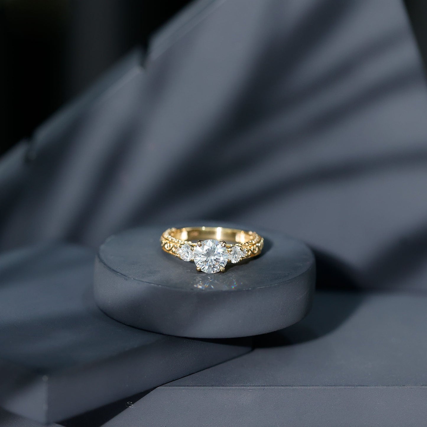 Art Deco Style Certified Moissanite Three Stone Engagement Ring