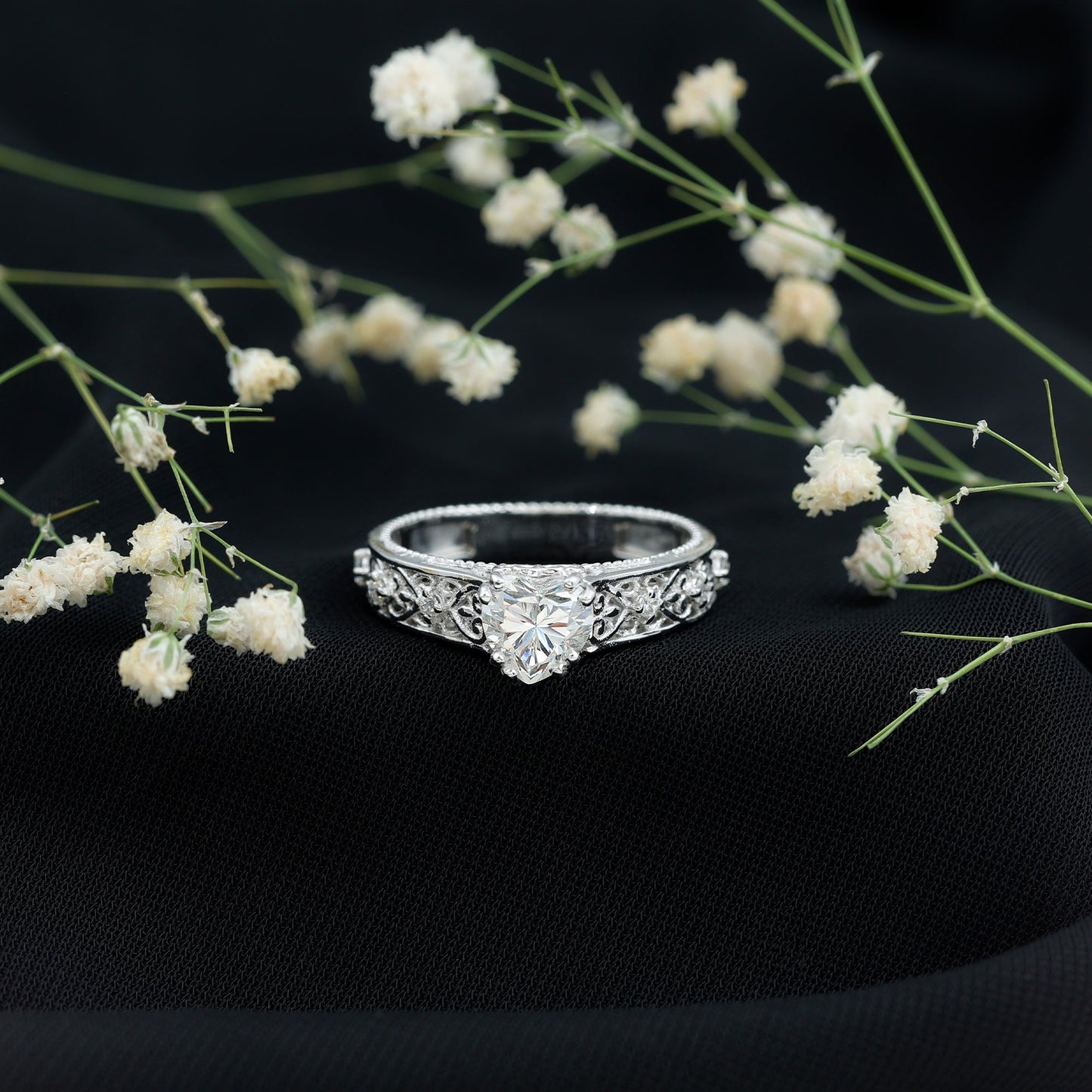Heart Shape Moissanite Filigree Style Engagement Rings