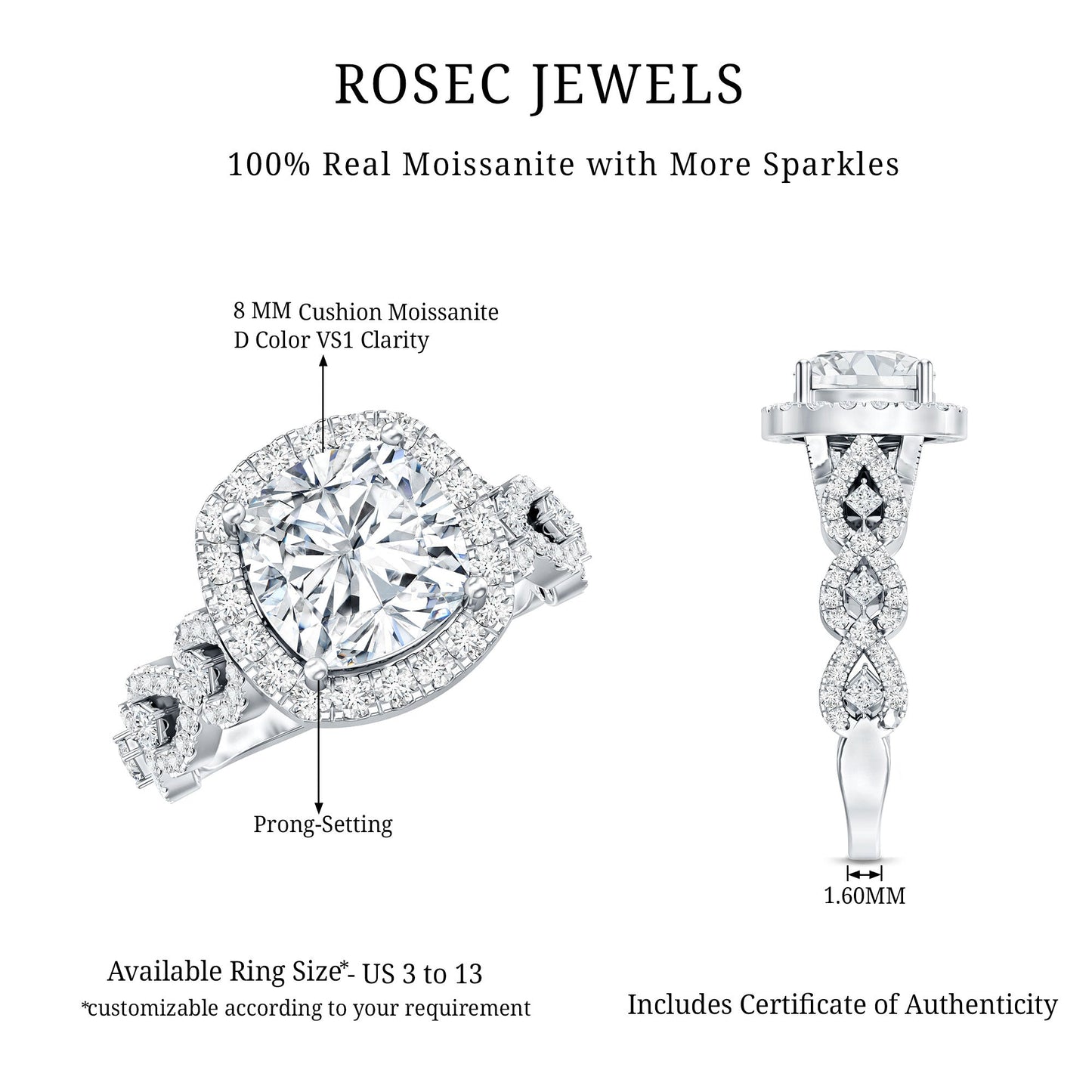 8 MM Cushion Cut Moissanite Vintage Inspired Engagement Ring