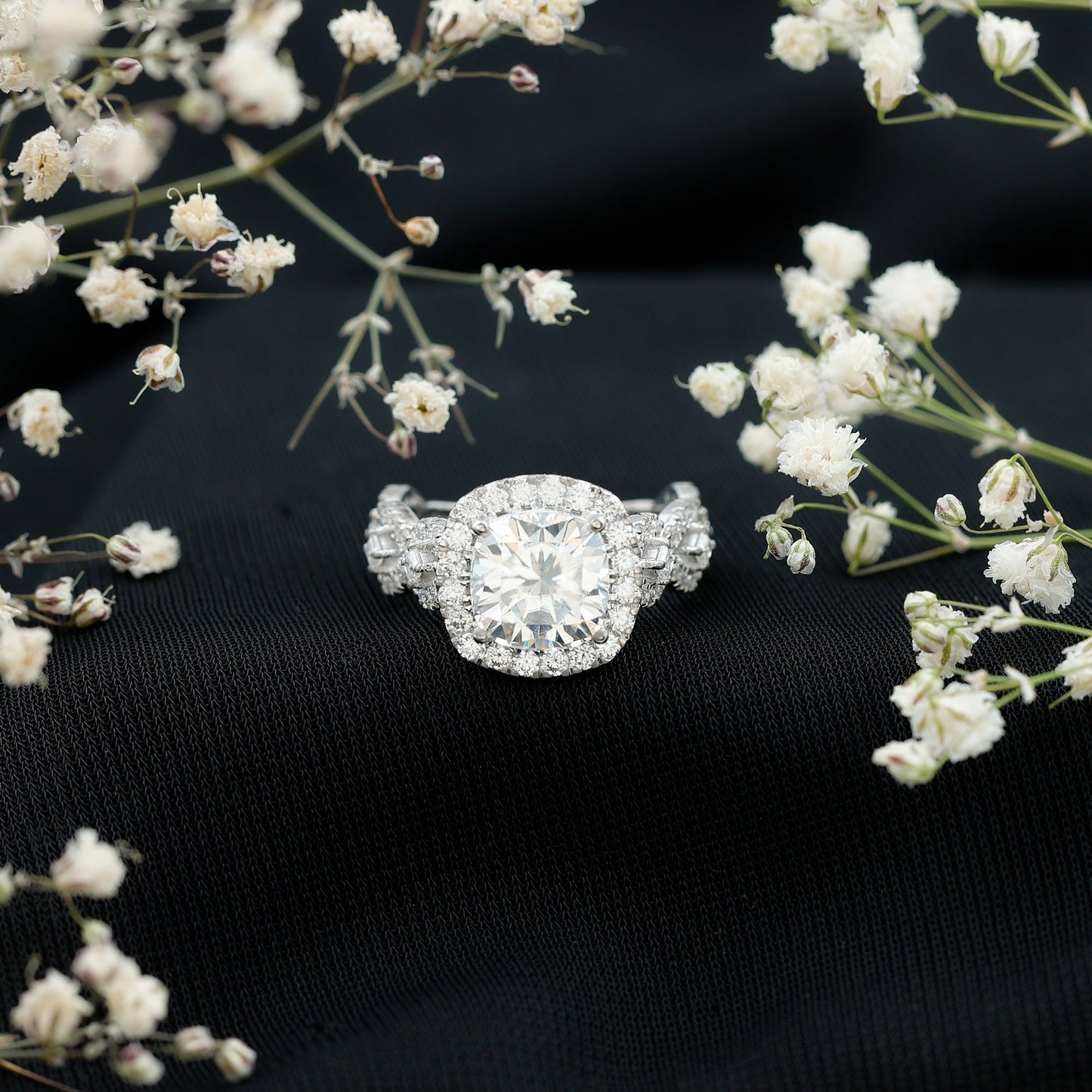 8 MM Cushion Cut Moissanite Vintage Inspired Engagement Ring