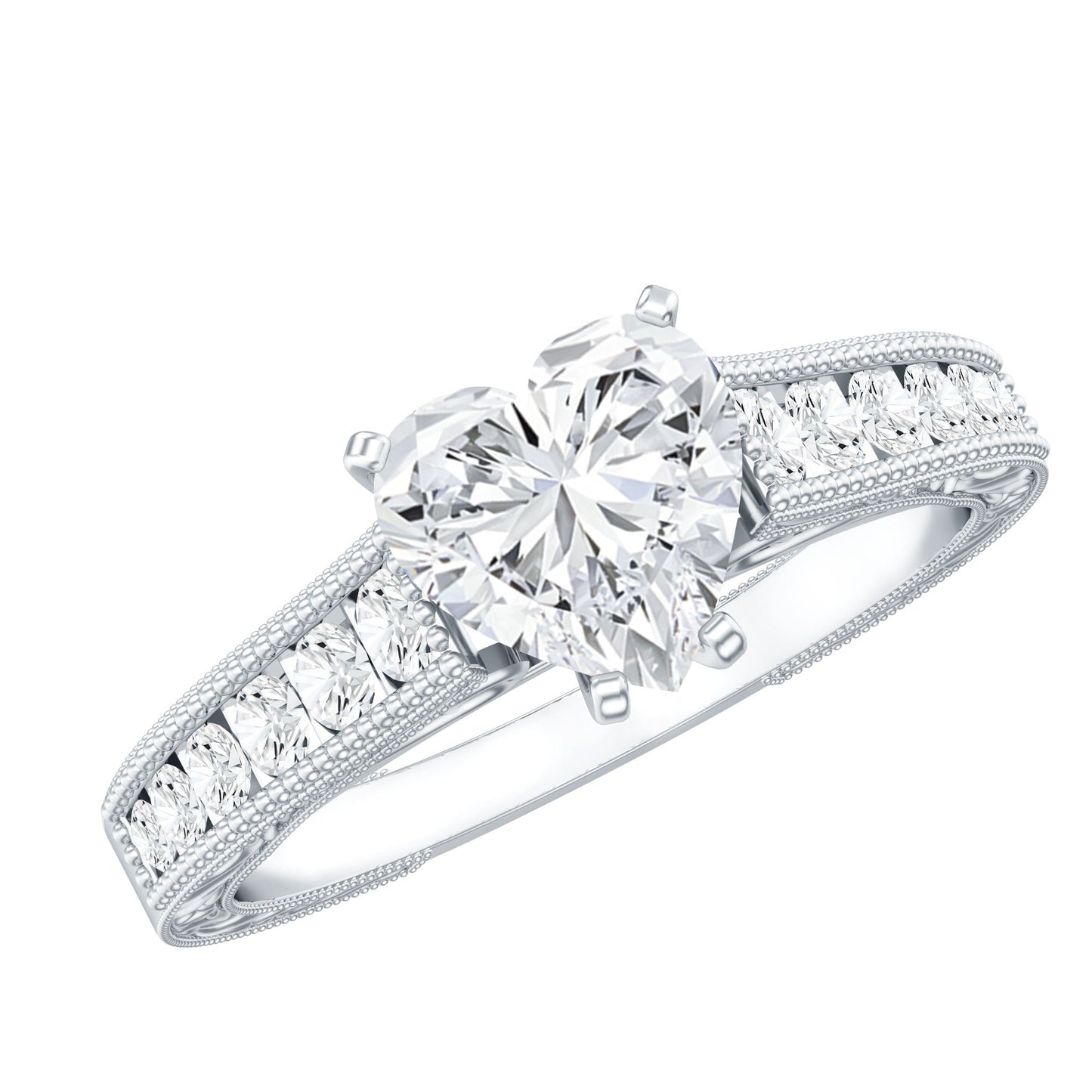 2 CT Moissanite Heart Engagement Ring with Beaded Details