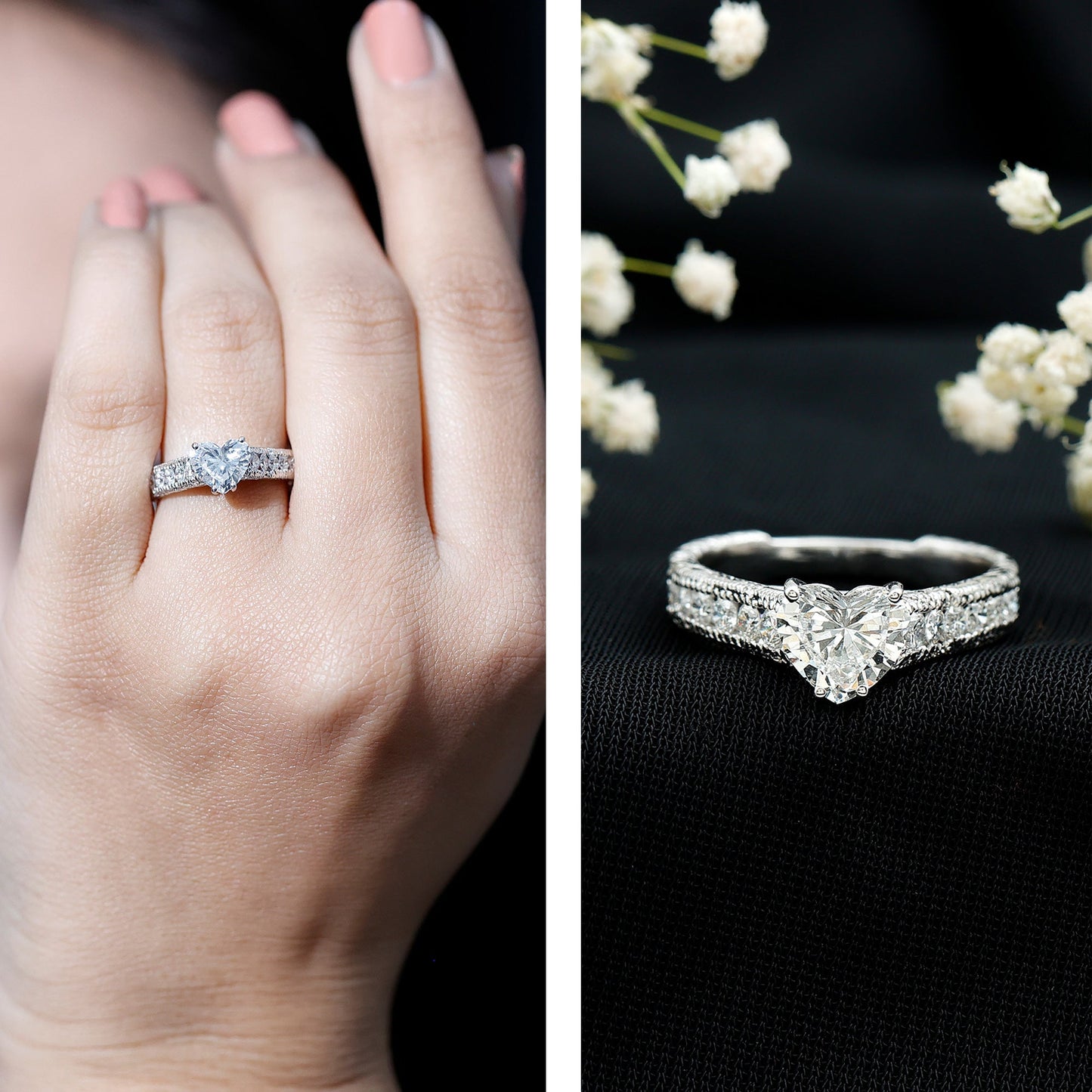 2 CT Moissanite Heart Engagement Ring with Beaded Details