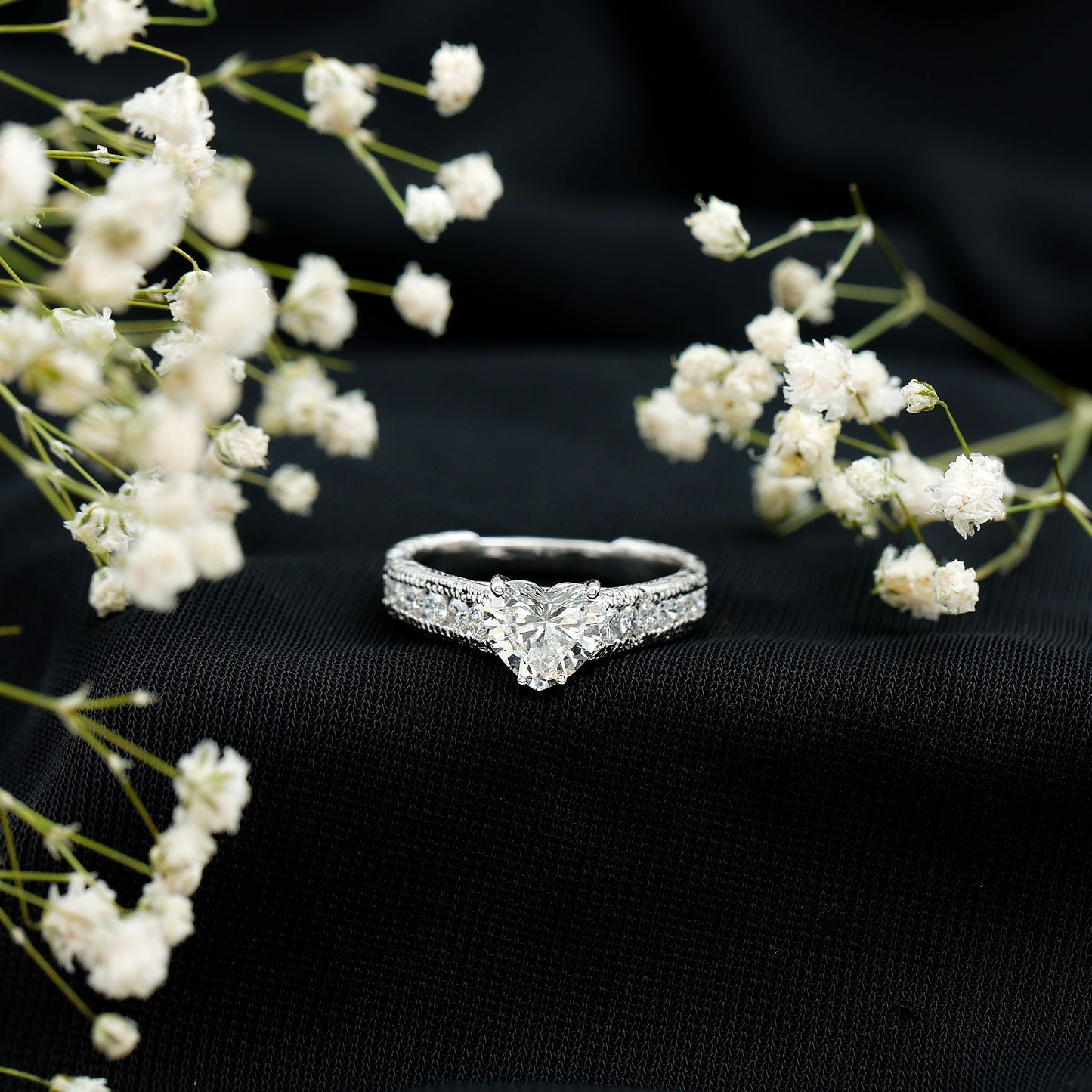 2 CT Moissanite Heart Engagement Ring with Beaded Details