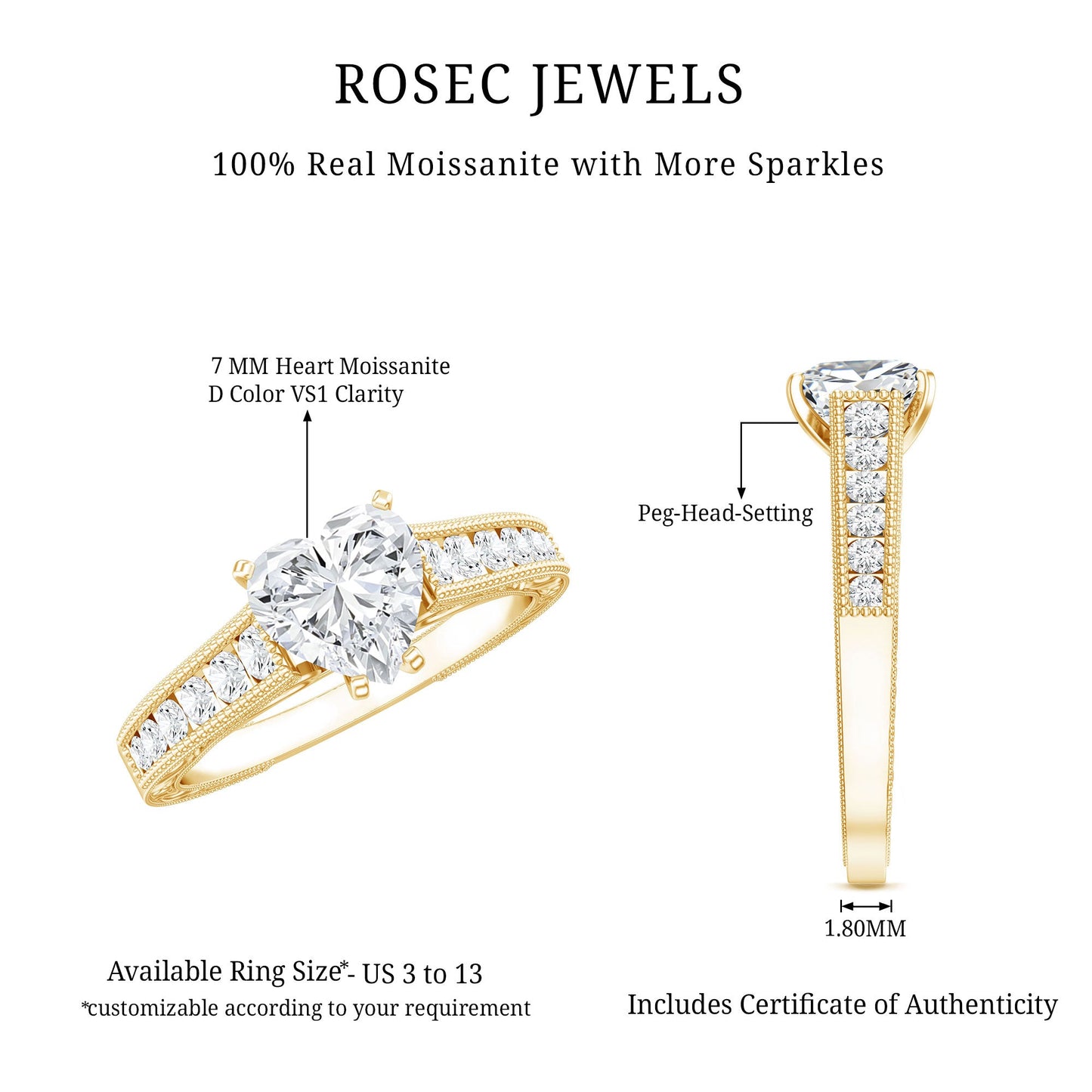 2 CT Moissanite Heart Engagement Ring with Beaded Details