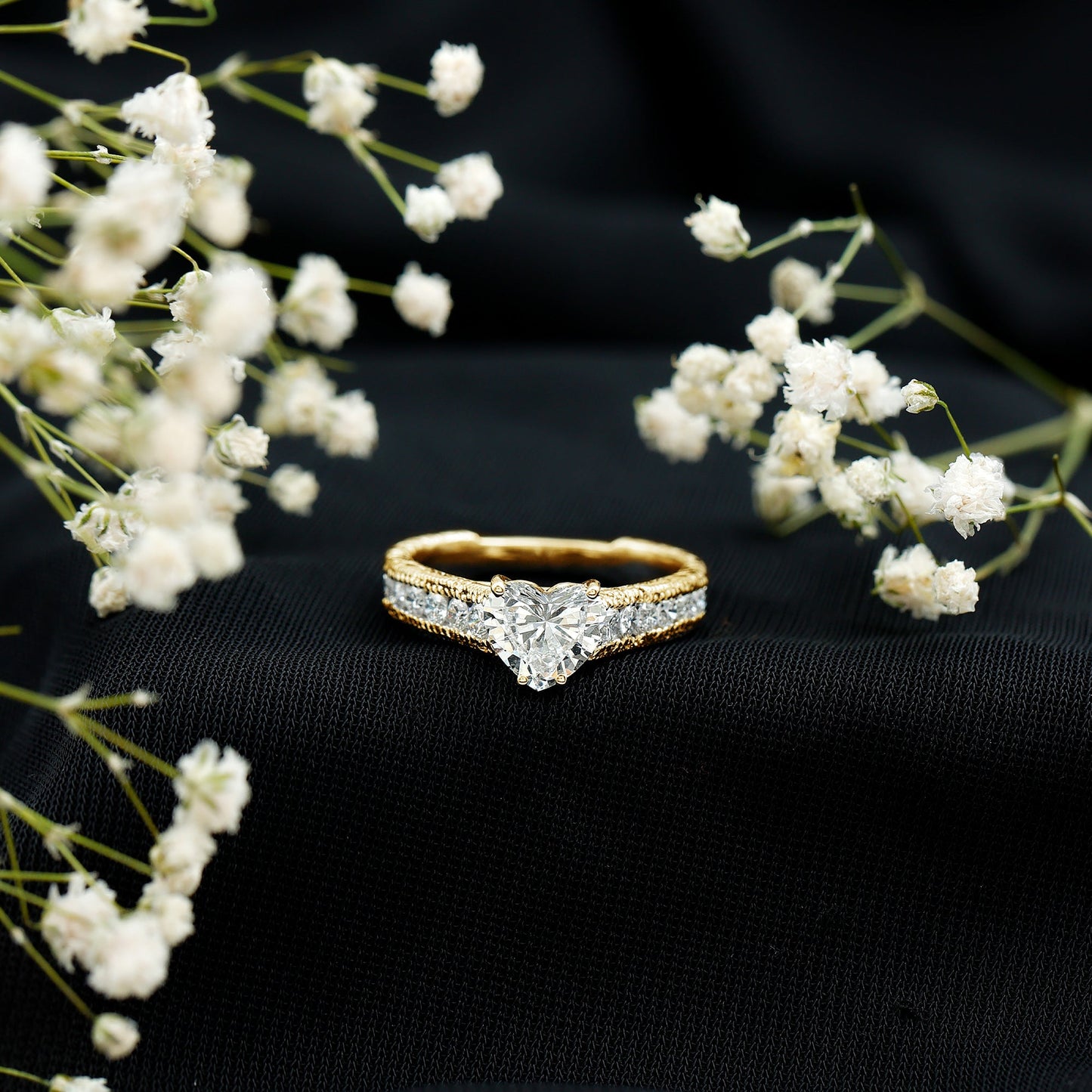 2 CT Moissanite Heart Engagement Ring with Beaded Details
