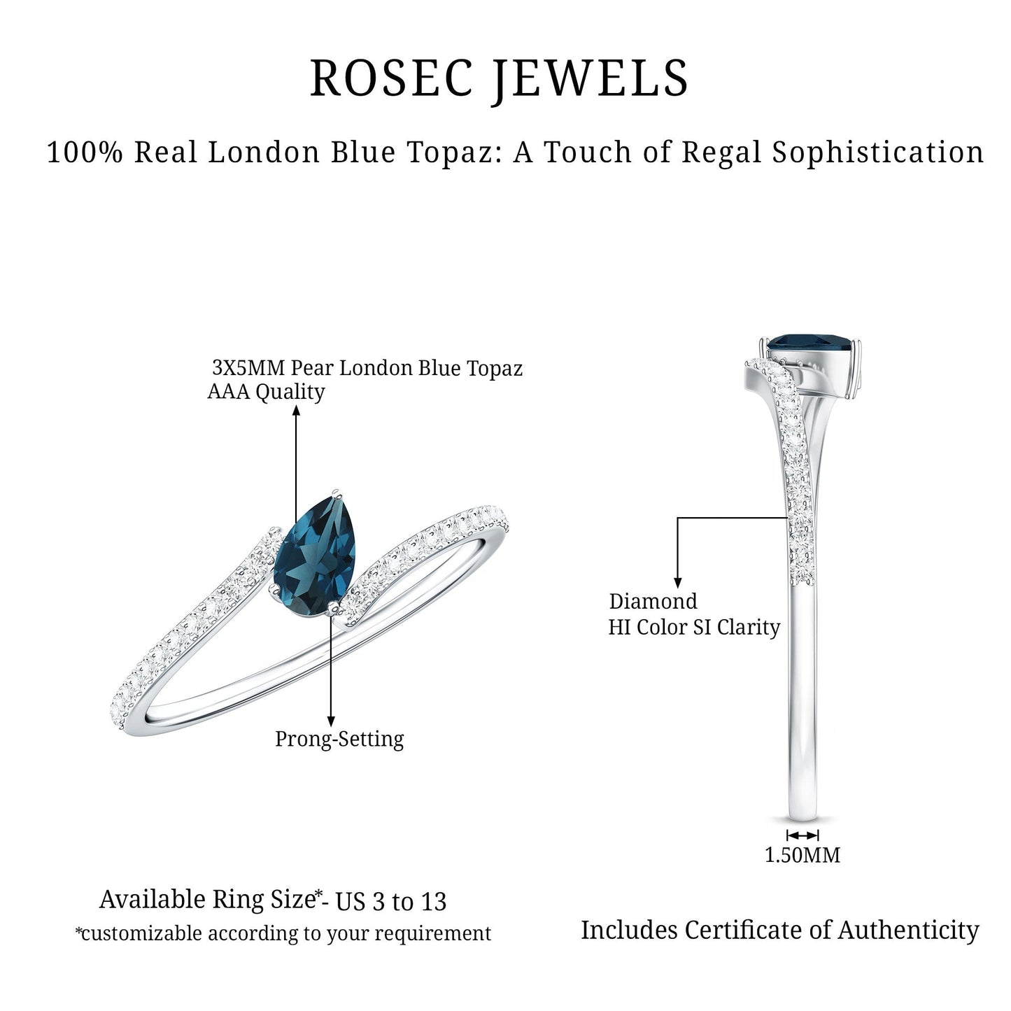 Genuine London Blue Topaz Promise Ring with Diamond