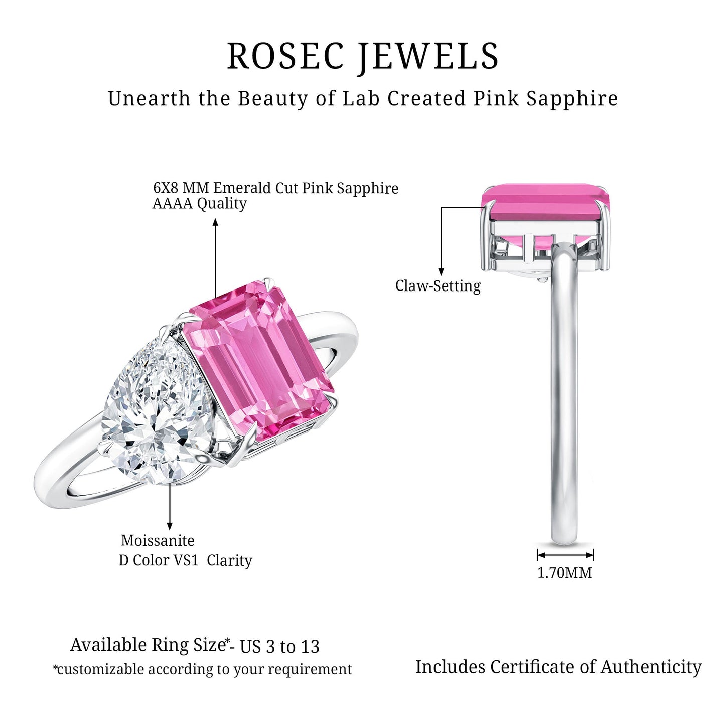 Toi Et Moi Ring with Created Pink Sapphire and Moissanite