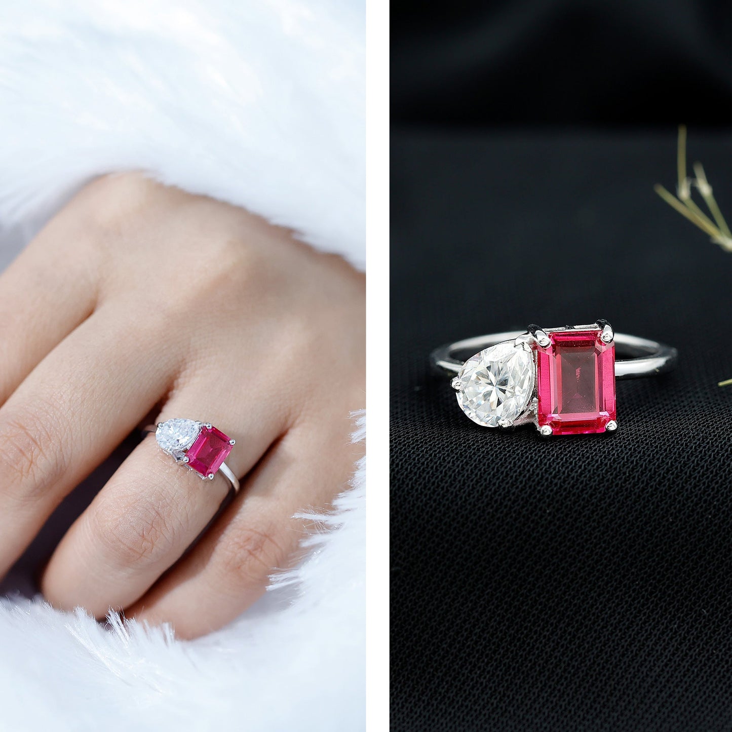 Toi Et Moi Ring with Created Pink Sapphire and Moissanite