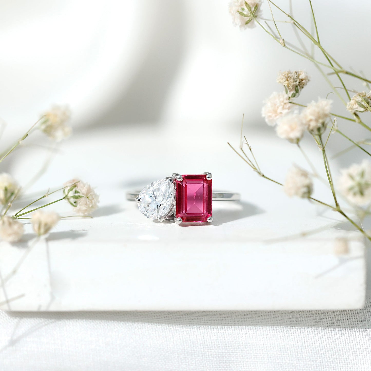 Toi Et Moi Ring with Created Pink Sapphire and Moissanite