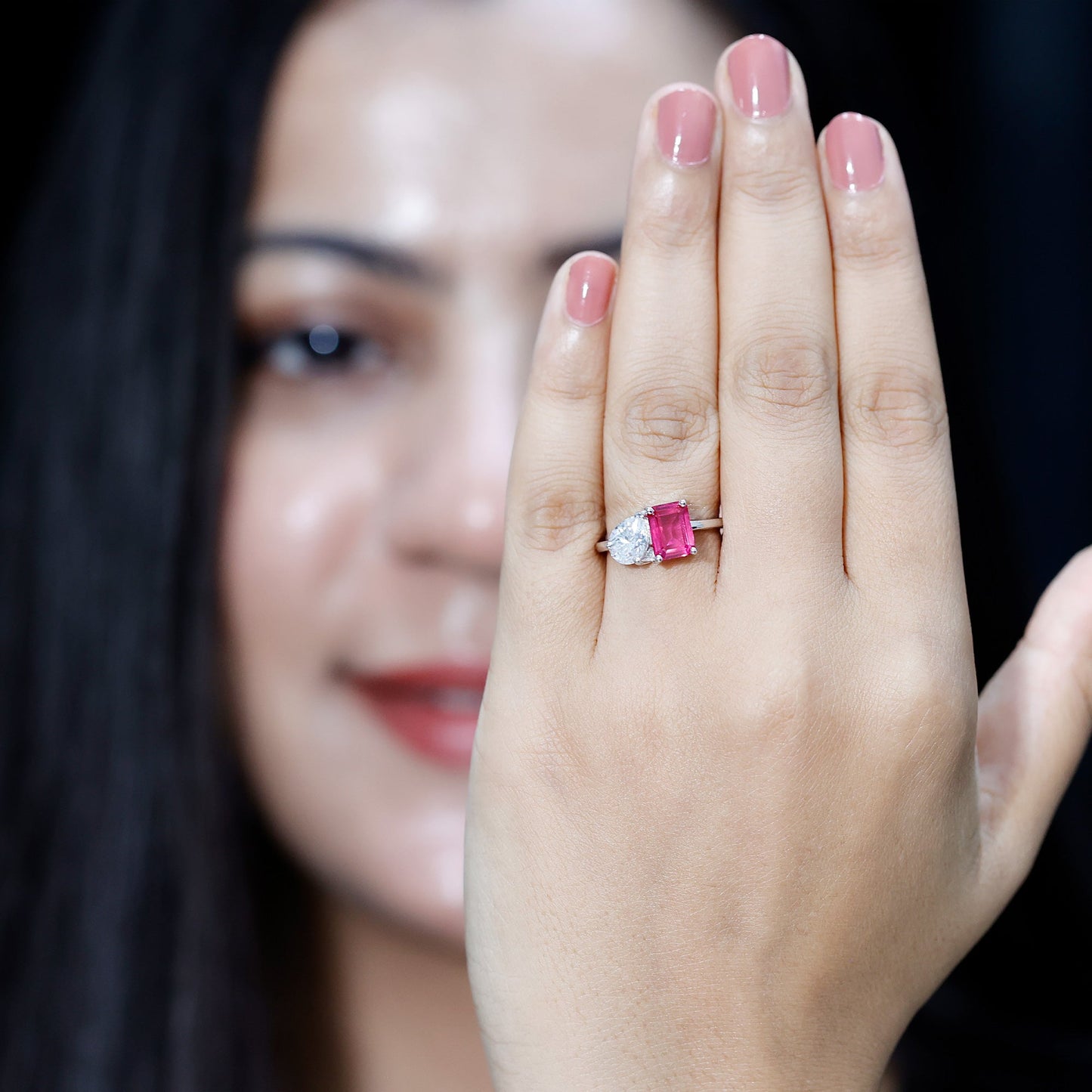 Toi Et Moi Ring with Created Pink Sapphire and Moissanite