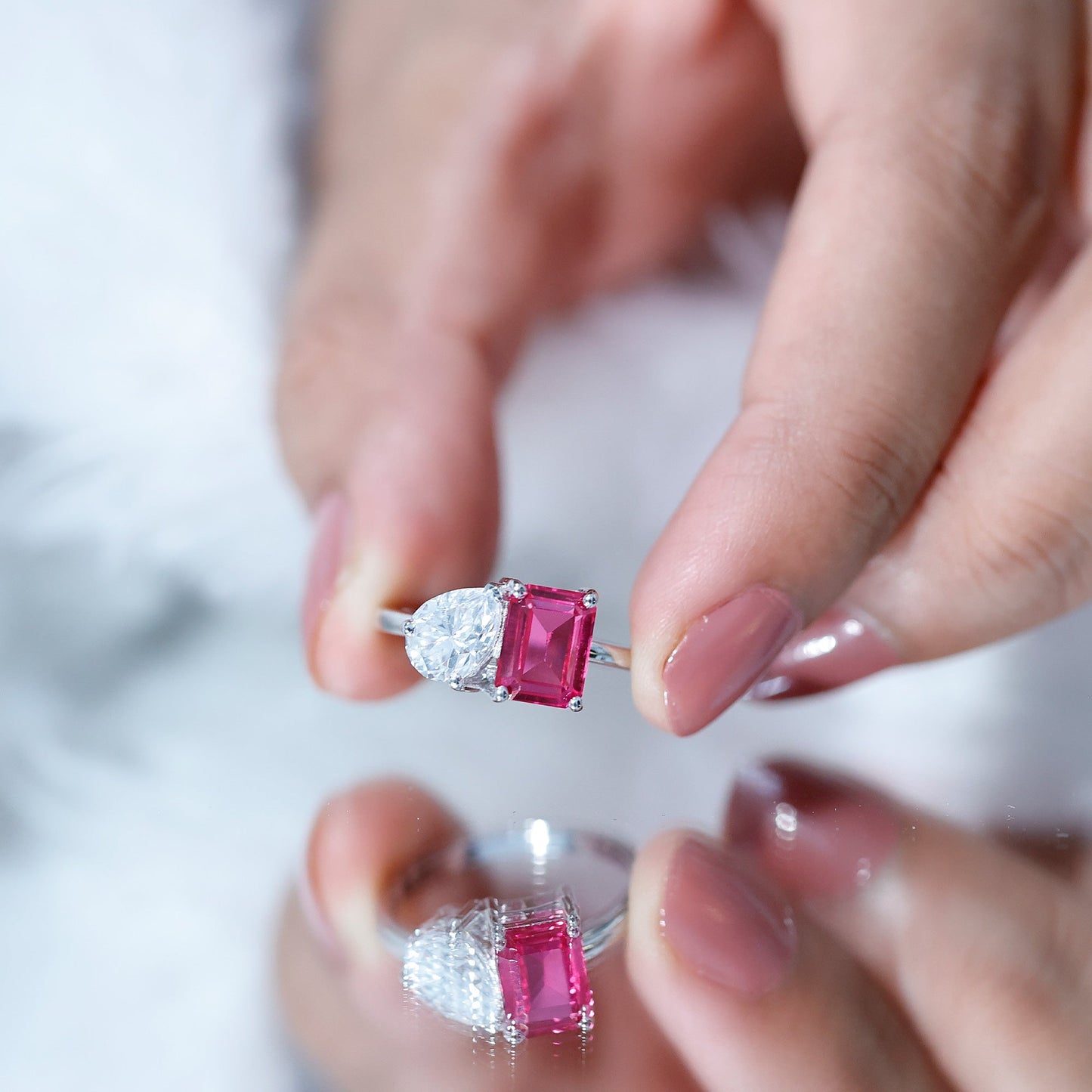 Toi Et Moi Ring with Created Pink Sapphire and Moissanite