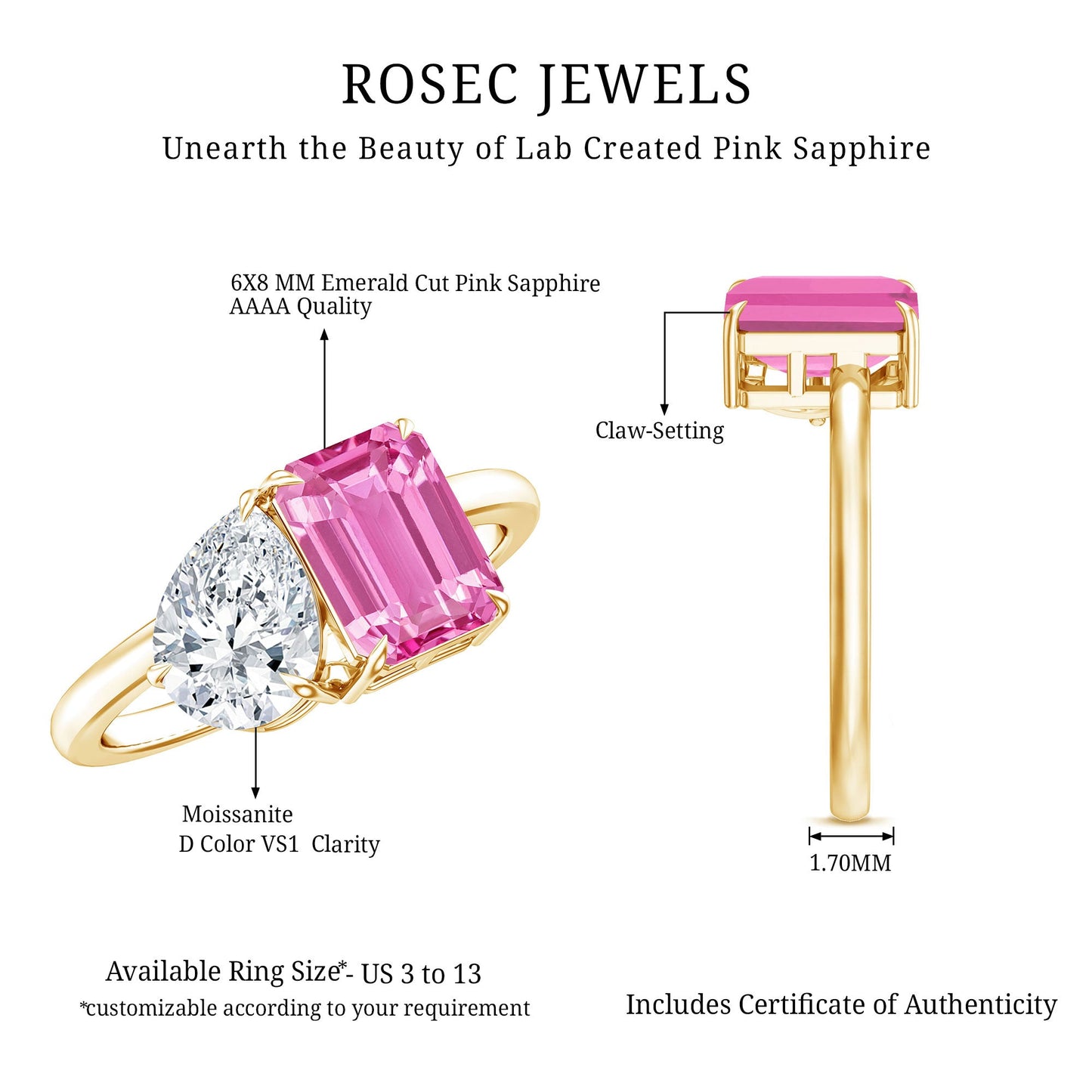 Toi Et Moi Ring with Created Pink Sapphire and Moissanite