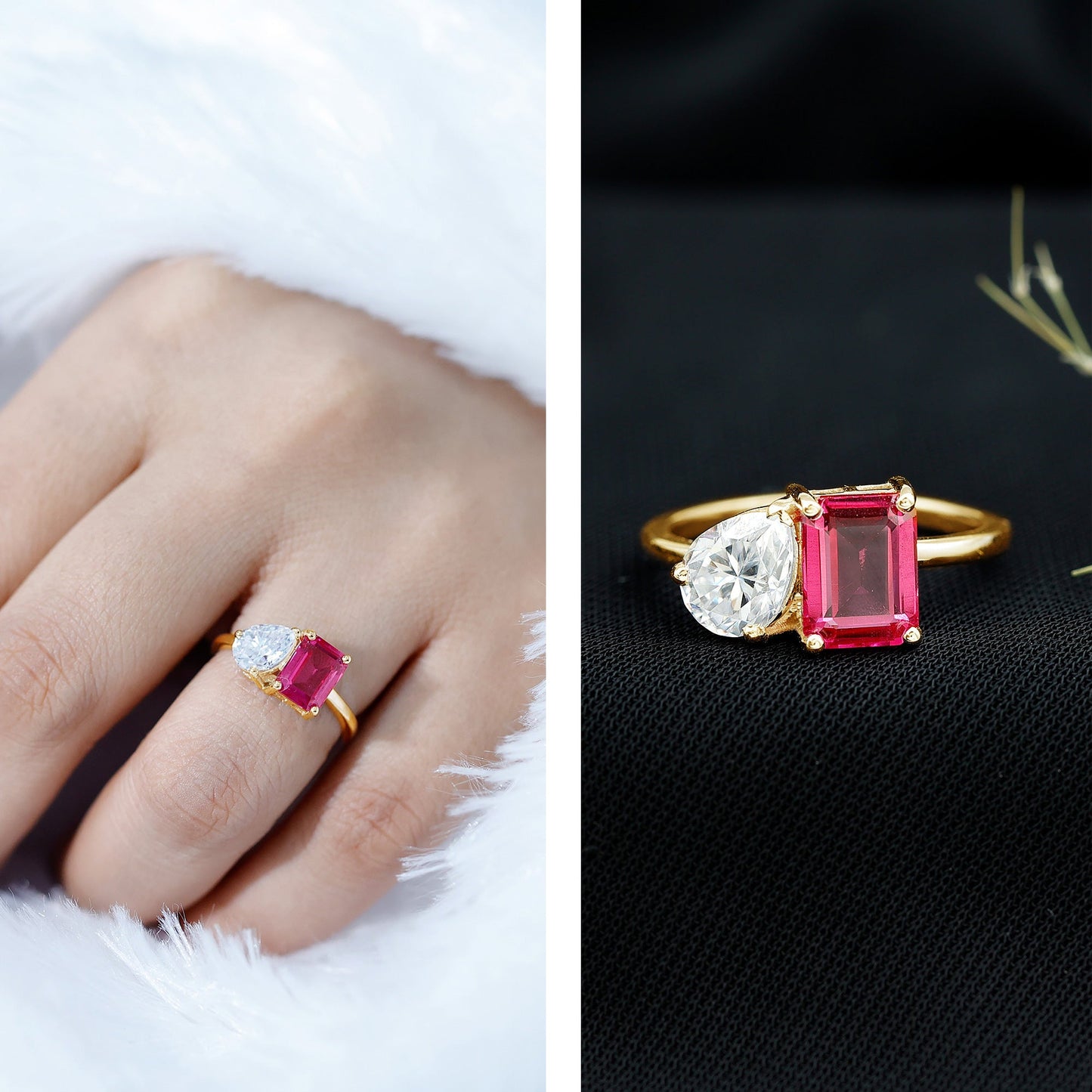 Toi Et Moi Ring with Created Pink Sapphire and Moissanite