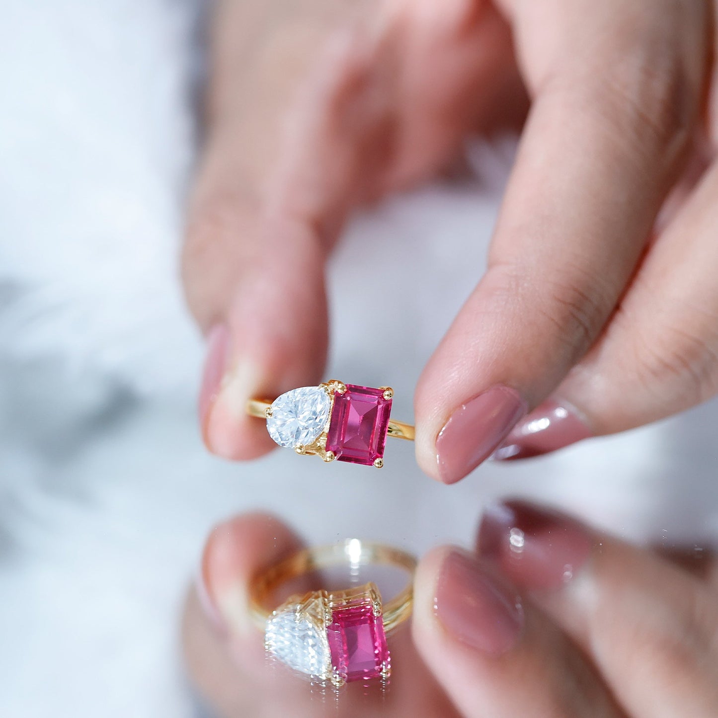 Toi Et Moi Ring with Created Pink Sapphire and Moissanite