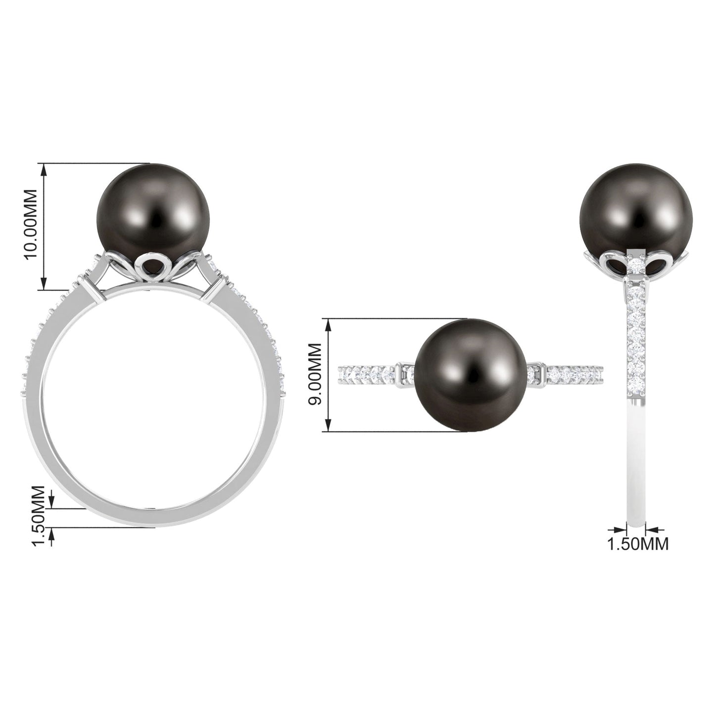 Classic Black Pearl Ring with Diamond Side Stones