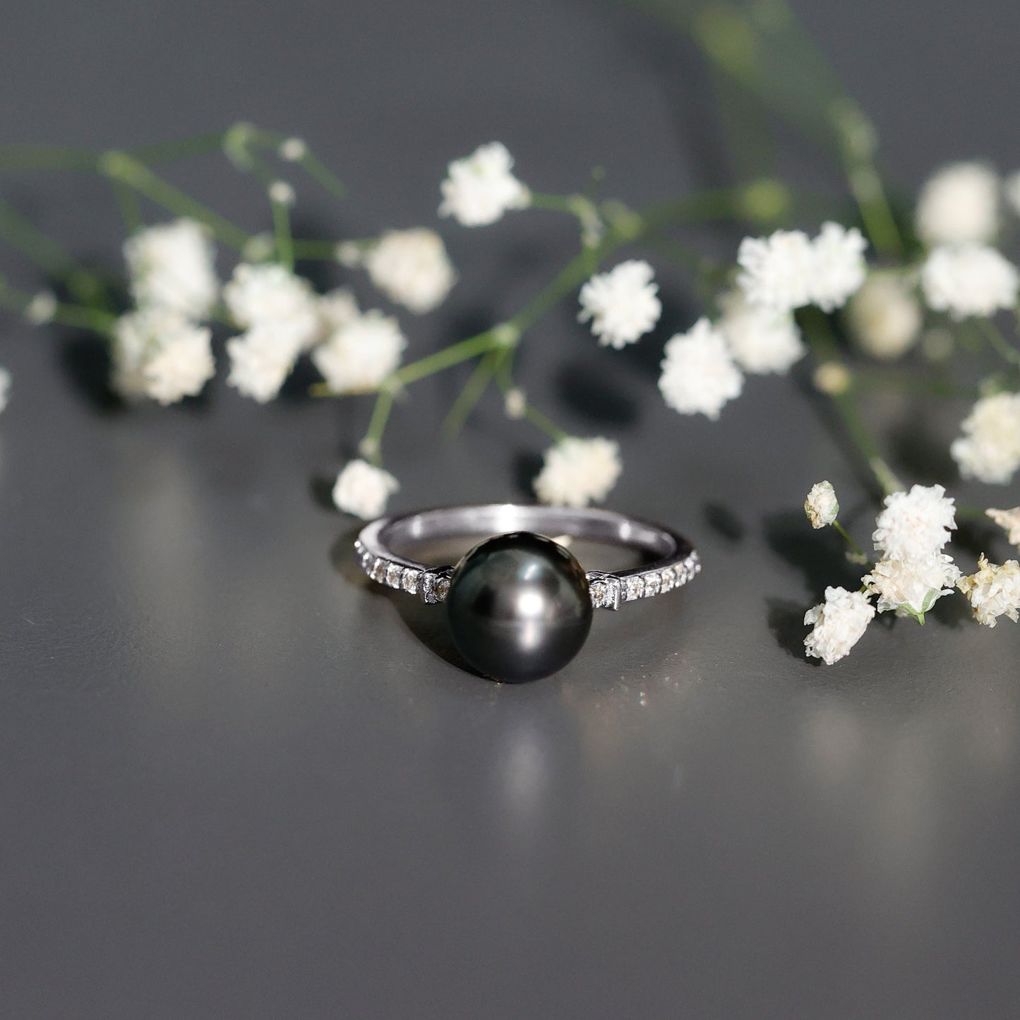 Classic Black Pearl Ring with Diamond Side Stones