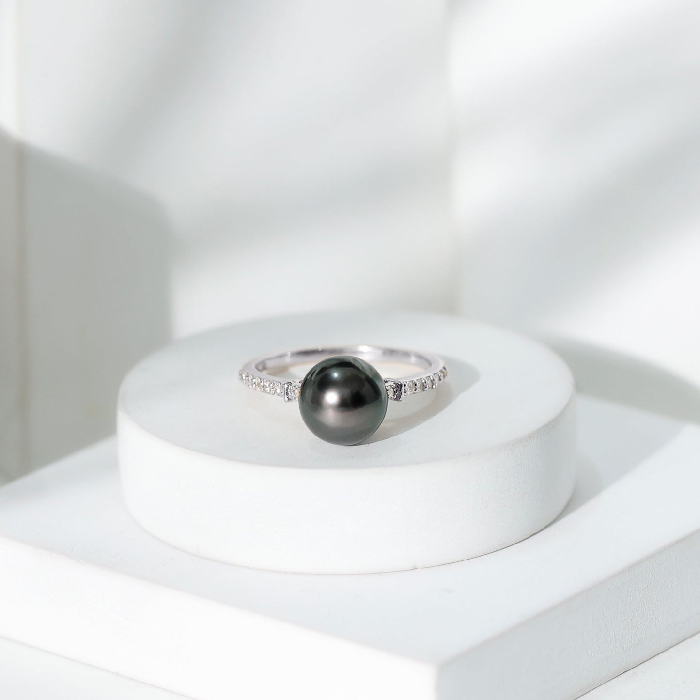 Classic Black Pearl Ring with Diamond Side Stones
