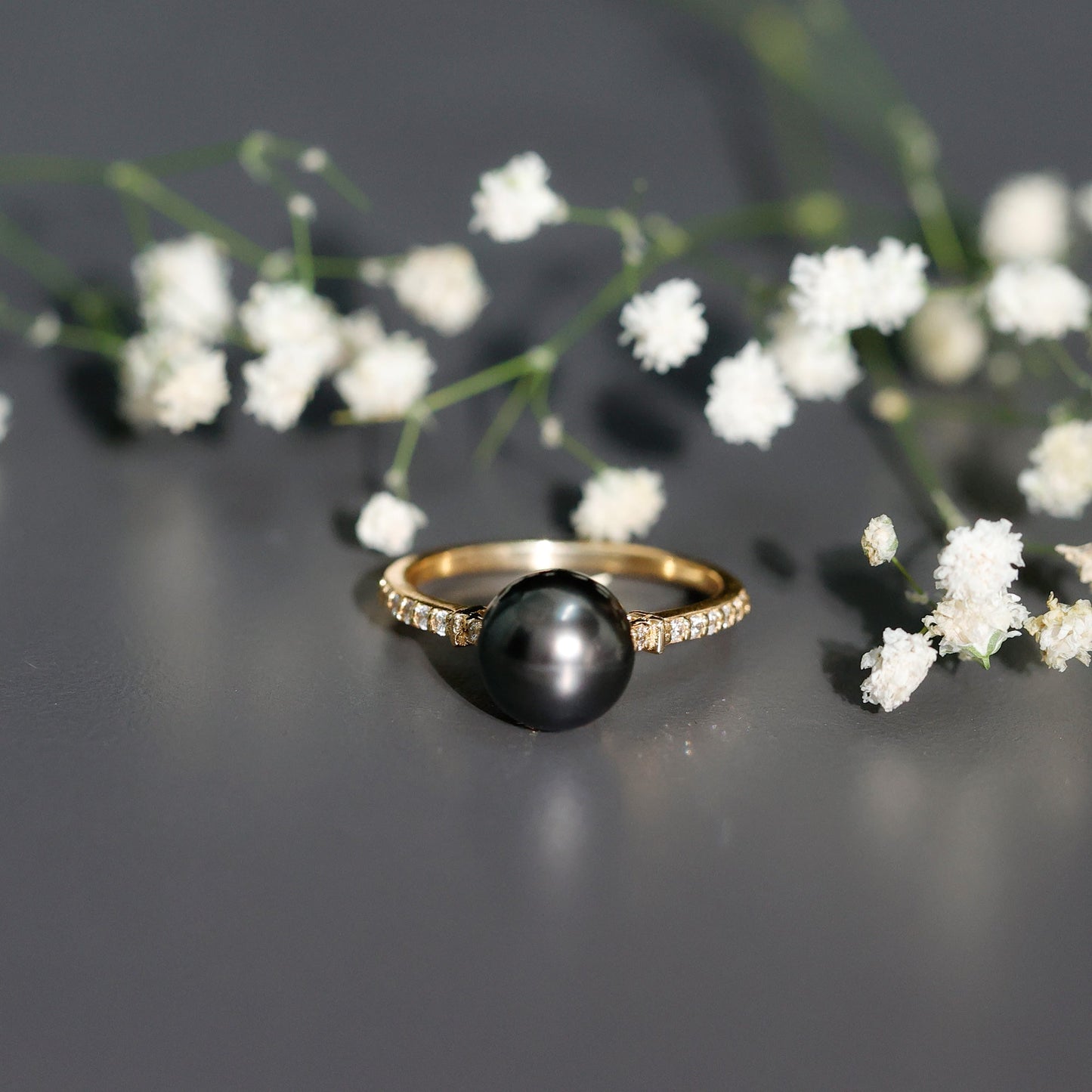 Classic Black Pearl Ring with Diamond Side Stones