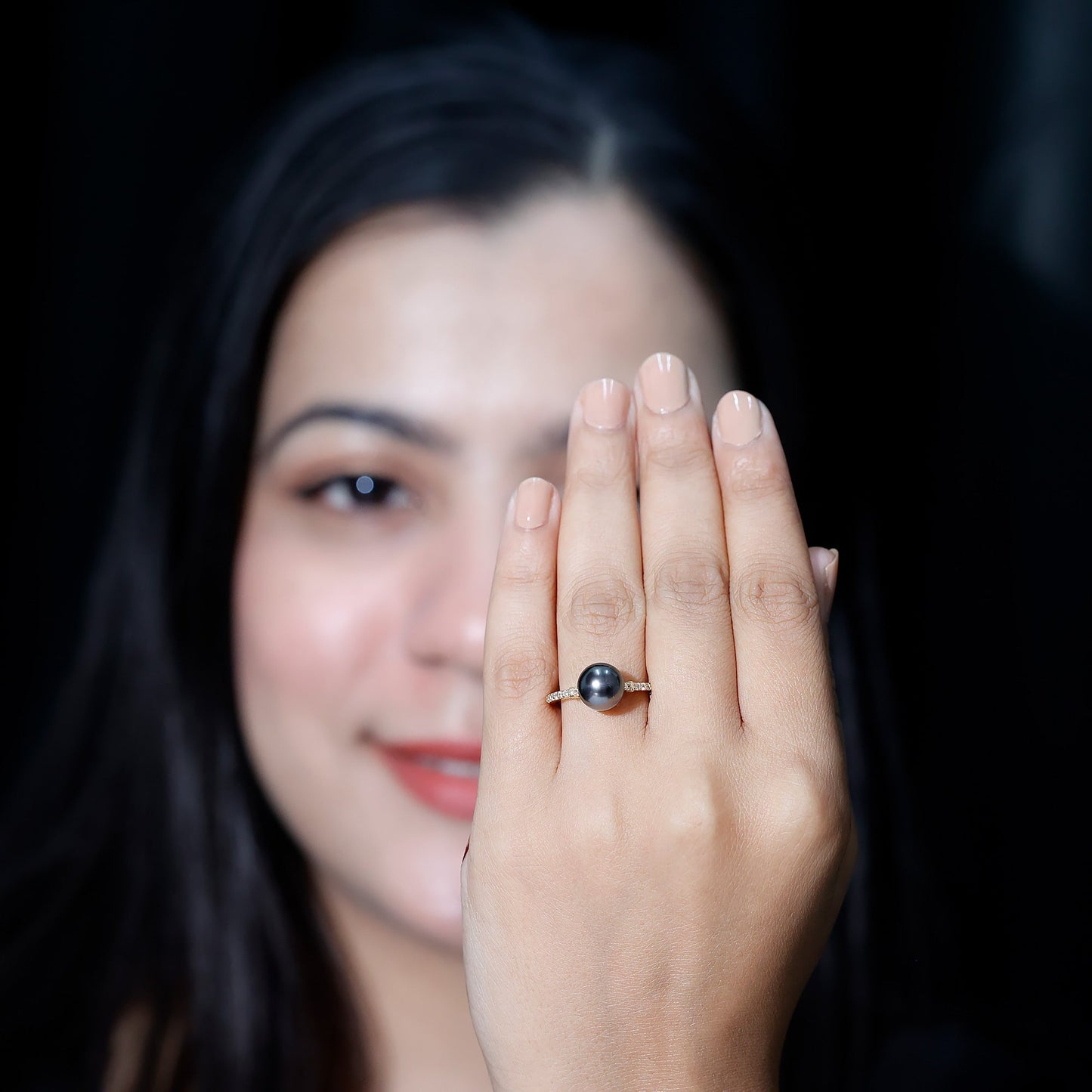 Classic Black Pearl Ring with Diamond Side Stones