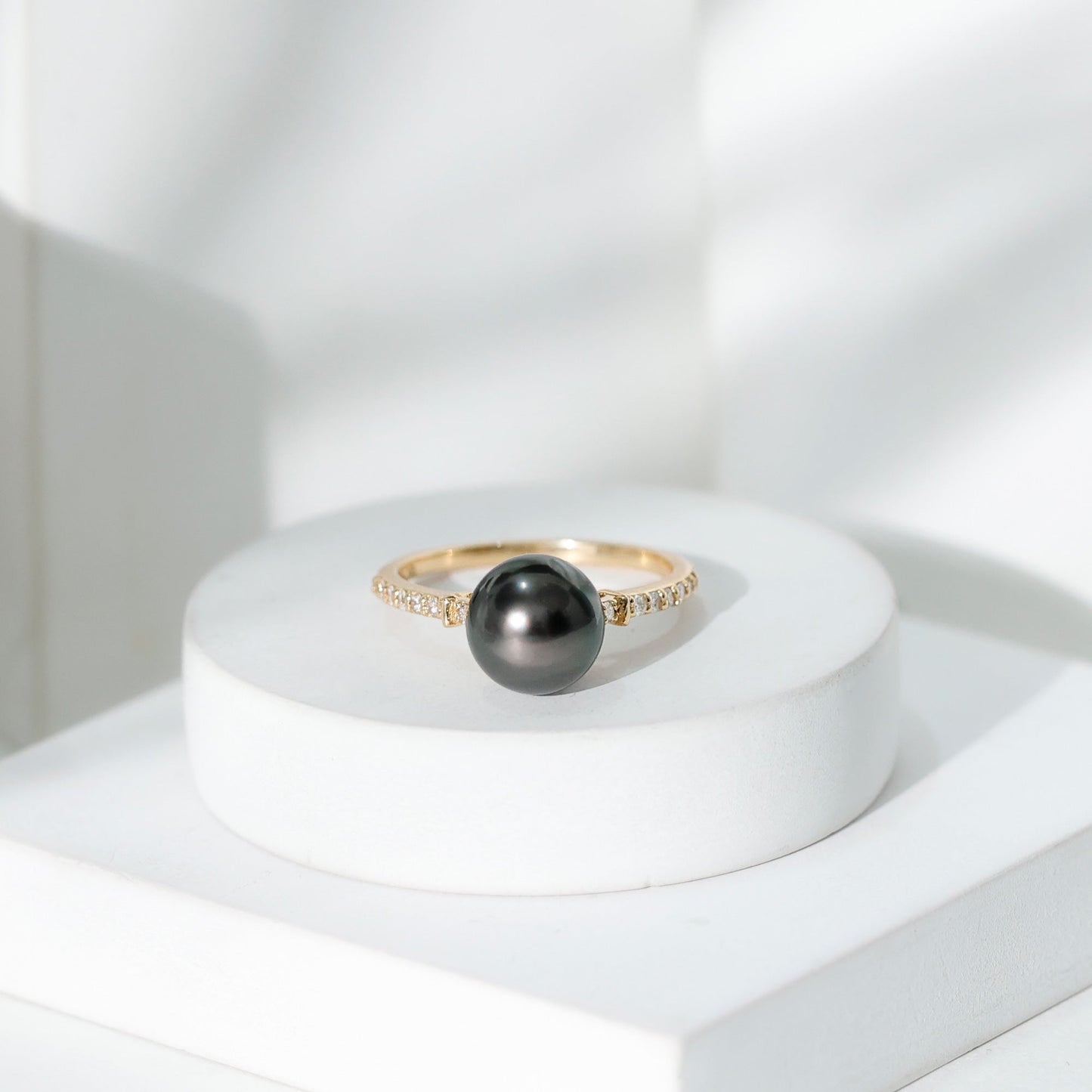 Classic Black Pearl Ring with Diamond Side Stones