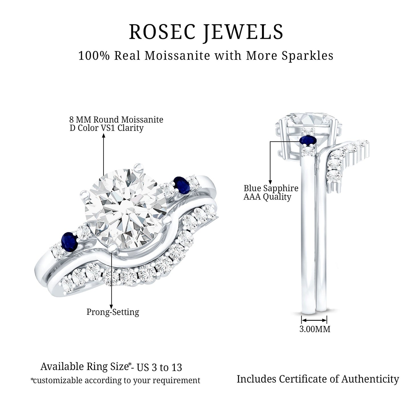 Certified 8MM Moissanite Engagement Ring With Wedding Band