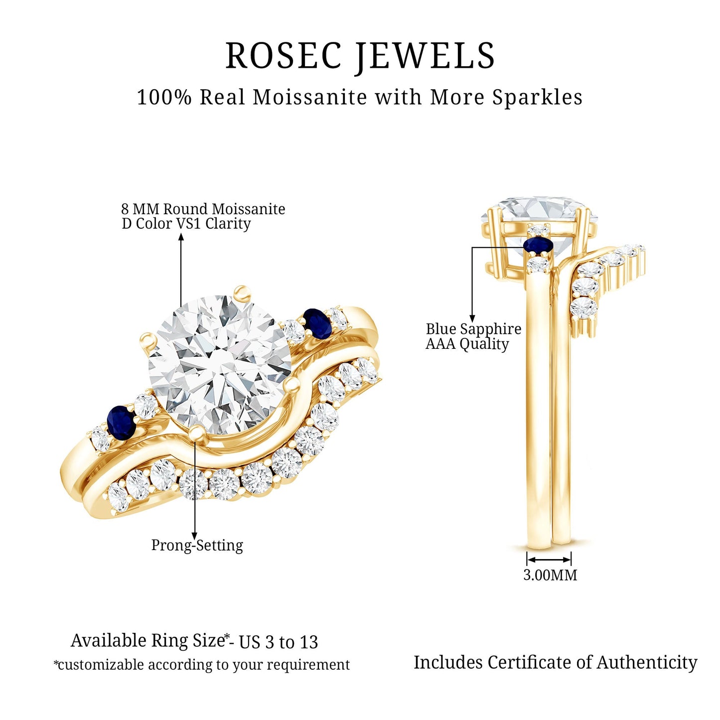 Certified 8MM Moissanite Engagement Ring With Wedding Band