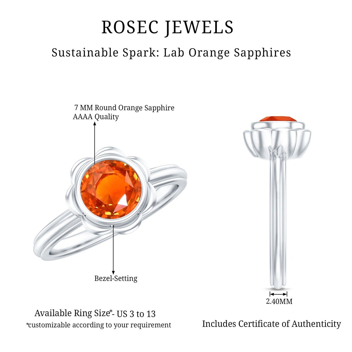 1.5 Carat Lab Grown Orange Sapphire Bezel Set Engagement Ring