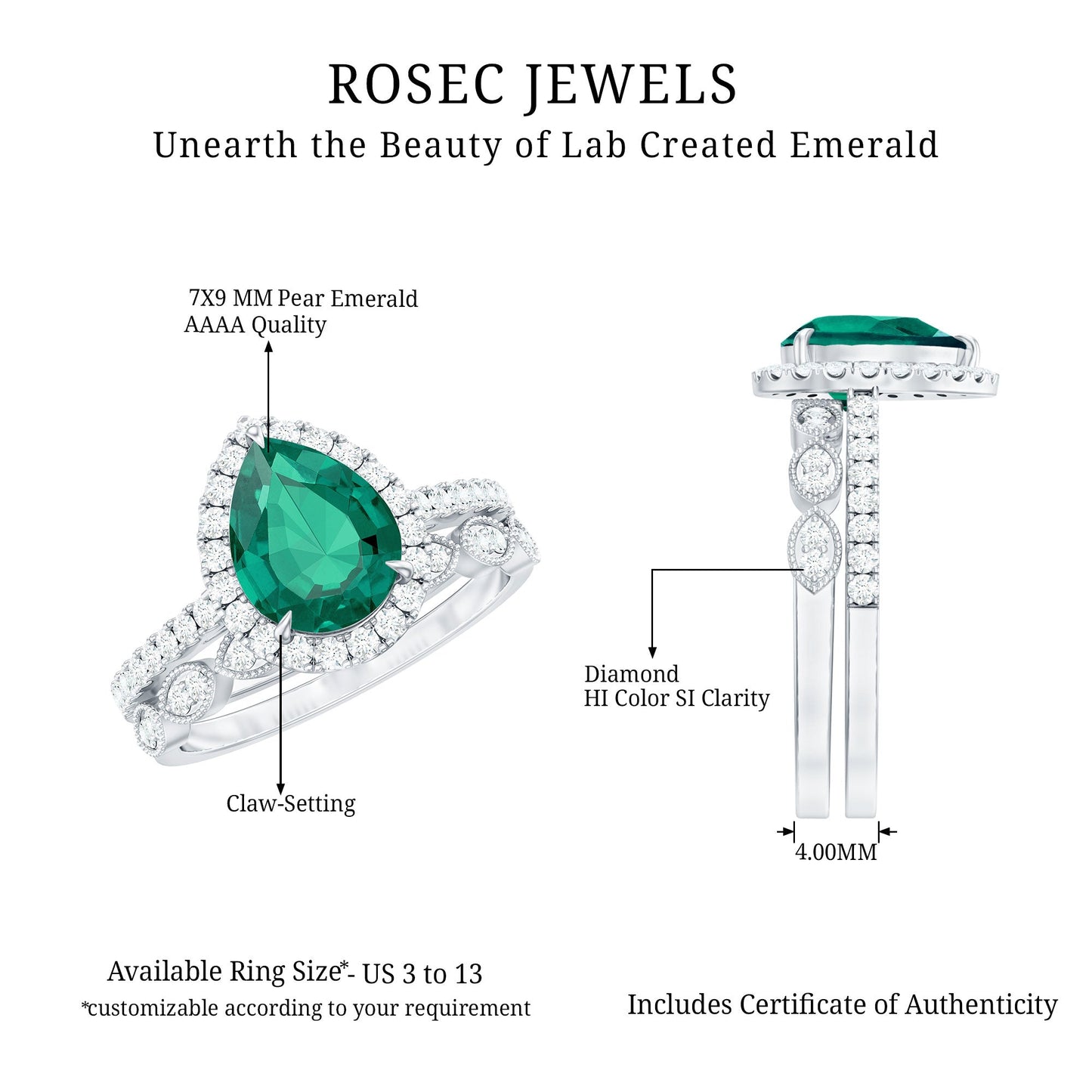 2.25 CT Lab Grown Emerald Teardrop Ring Set with Natural Diamond