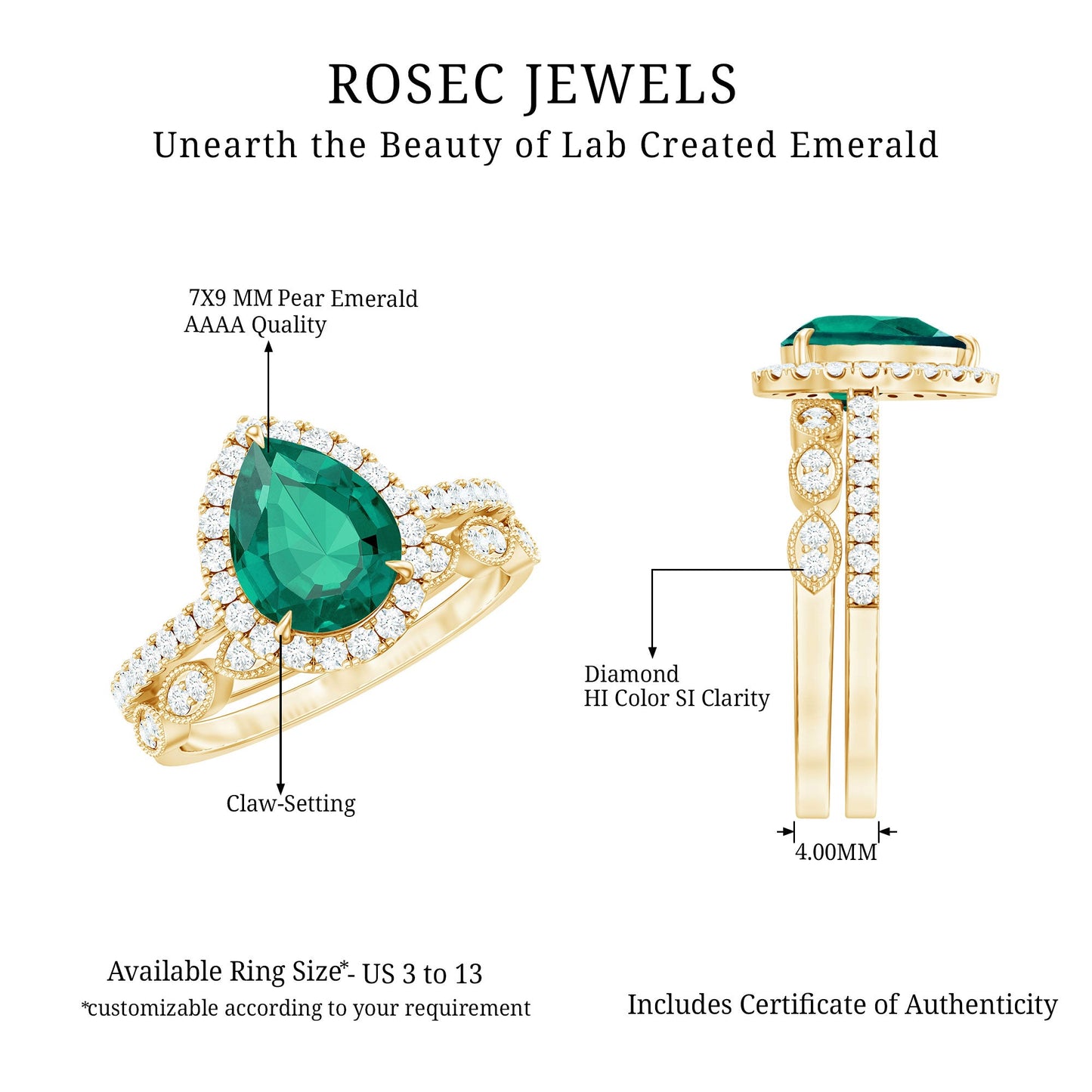 2.25 CT Lab Grown Emerald Teardrop Ring Set with Natural Diamond