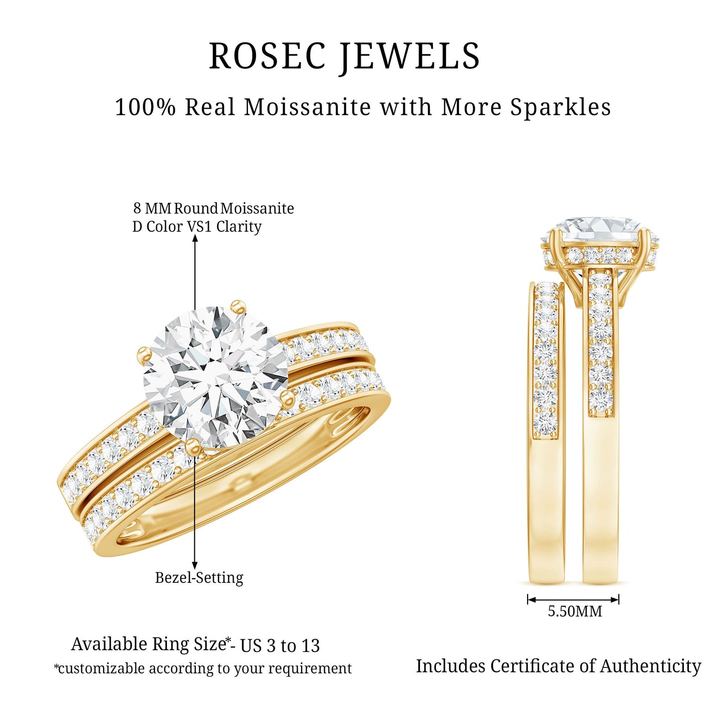Certified 8 MM Moissanite Solitaire Wedding Ring Set
