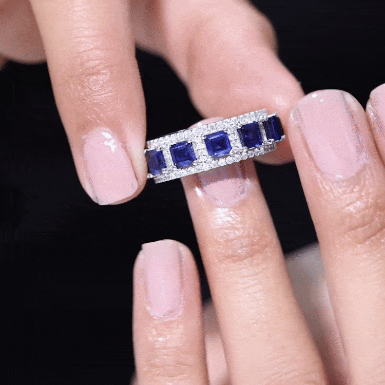 Lab Grown Blue Sapphire Wedding Band with Moissanite Accent