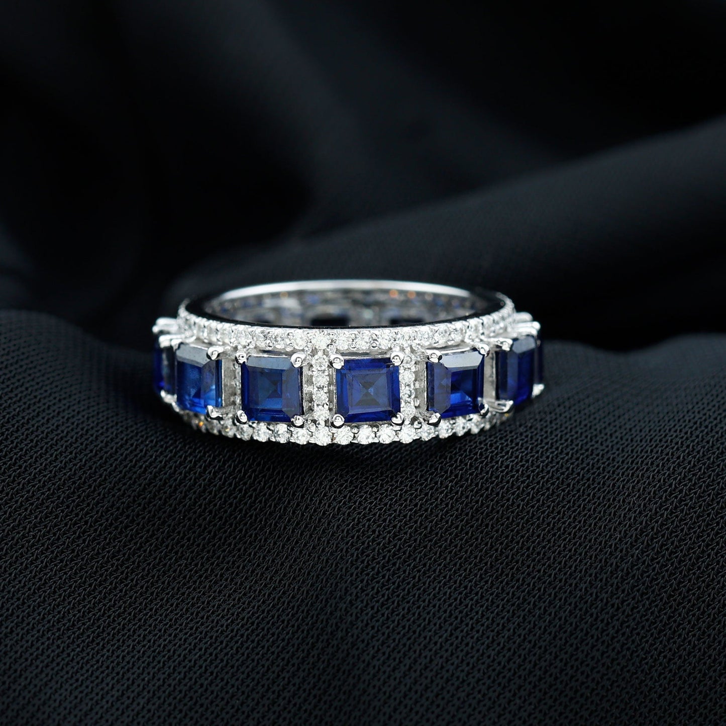 Lab Grown Blue Sapphire Wedding Band with Moissanite Accent