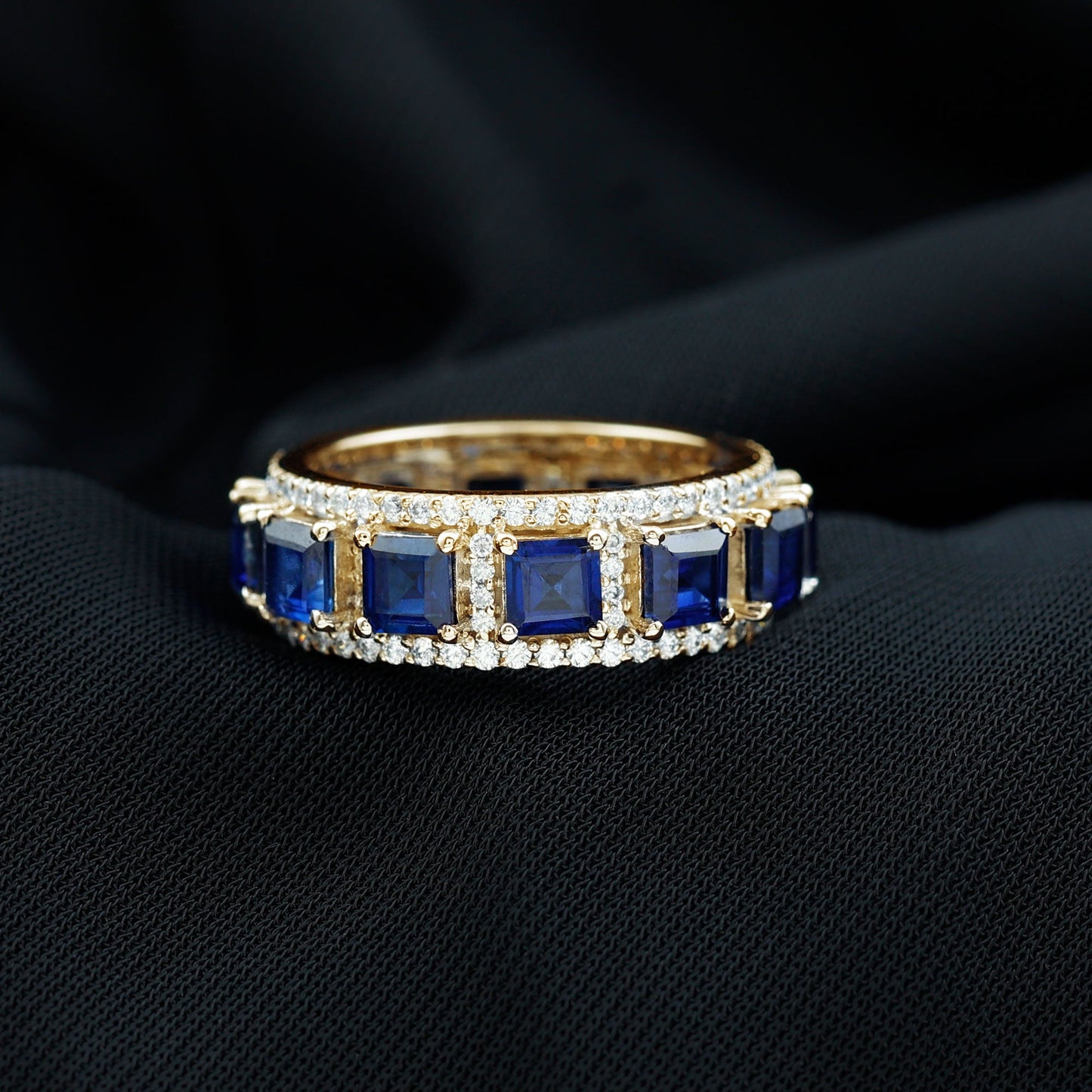Lab Grown Blue Sapphire Wedding Band with Moissanite Accent