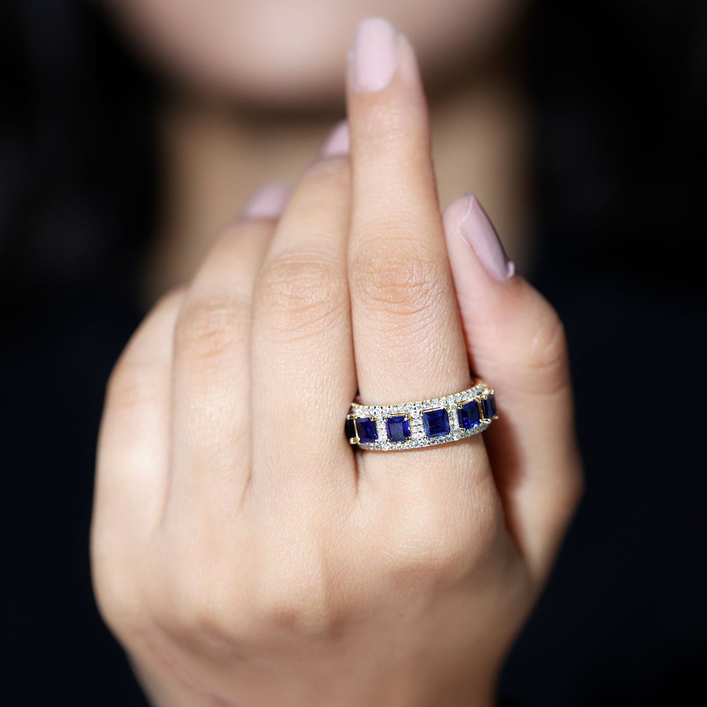 Lab Grown Blue Sapphire Wedding Band with Moissanite Accent