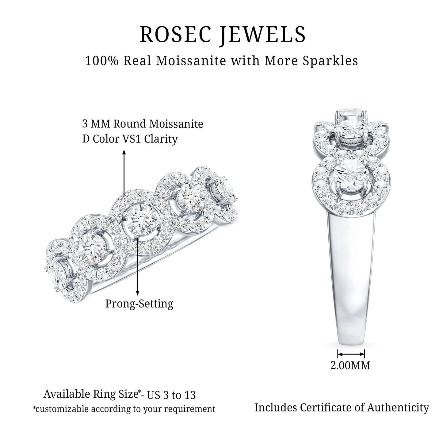 1.25 CT Round Cut Moissanite Halo Classic Band Ring