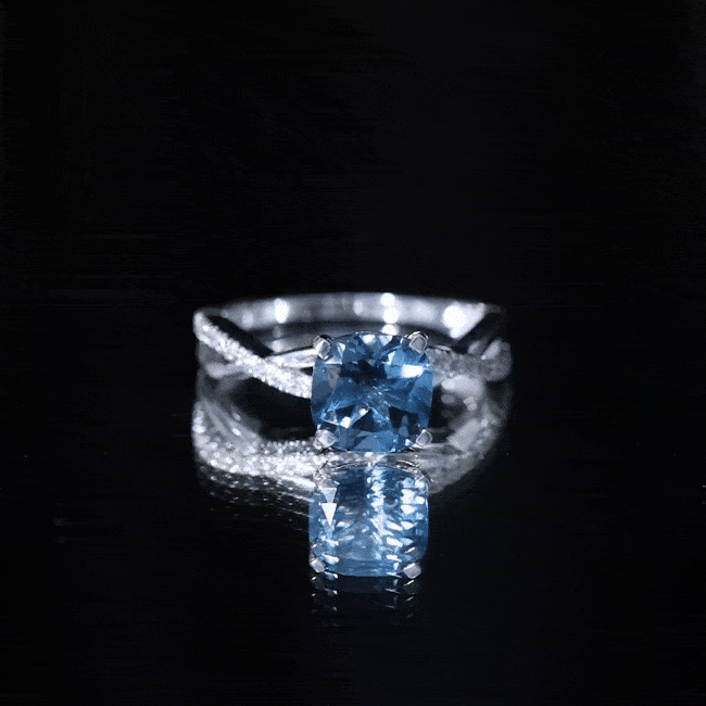 8mm Cushion Cut London Blue Topaz Solitaire Engagement Ring with Diamond Crossover Shank